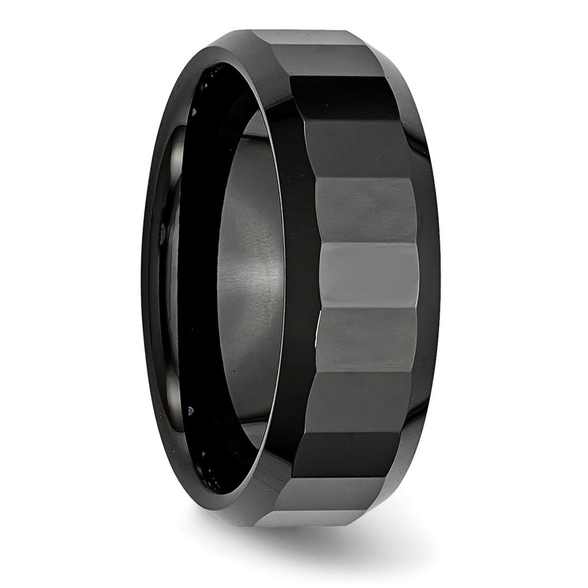 Engravable Black Ceramic Band Ring for Women - 8mm Polished Faceted Beveled Edge, Size 7 Jewelry | Perfect for Weddings, Anniversaries & Everyday Elegant Wear