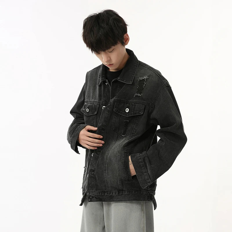 Men's Distressed Denim Jacket - American Style Faded Contrast Color Turn-Down Collar Coat | Trendy Fall Outerwear for Casual Wear & Street Style