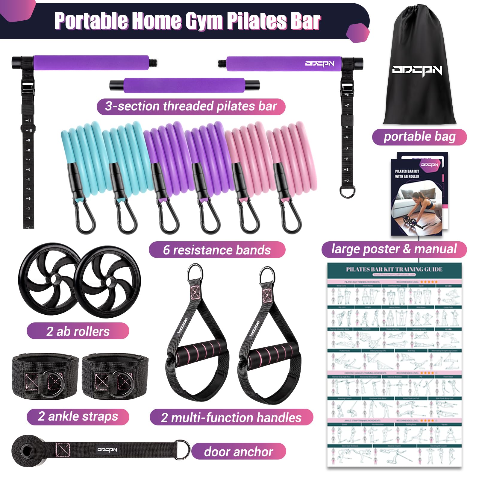 **Pilates Bar Kit with Resistance Bands - Multifunctional Exercise Bar & Ab Roller for Pilates, Abs, Weight Loss - Portable Home Gym Equipment for Full Body Workout - Ideal for Women's Fitness & Home Training**