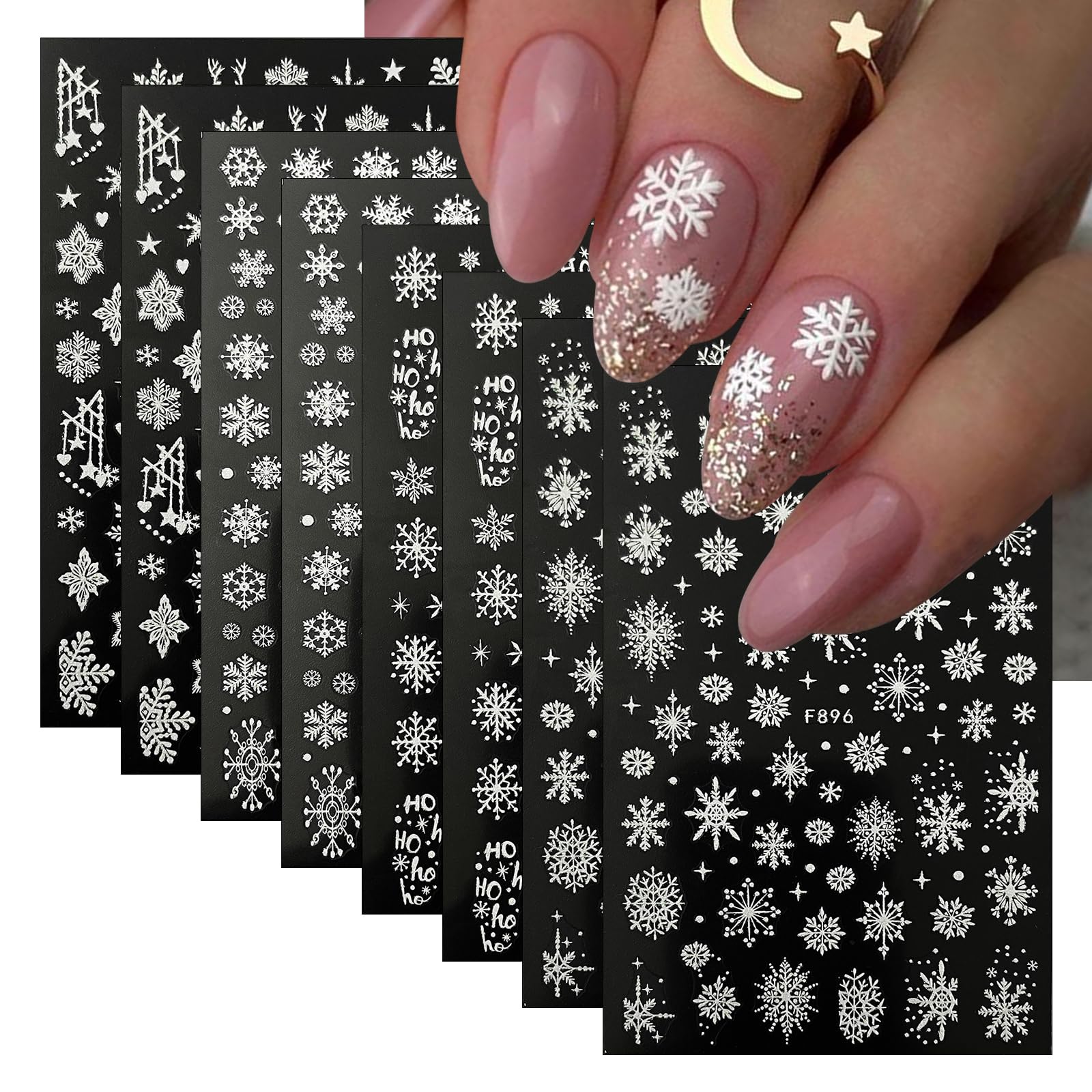 8 Sheets White Glitter Snowflakes Nail Art Stickers - 3D Bells & Snowball Decals for Christmas Nail Design - Acrylic Nail Supplies for Women - Perfect for Holiday Parties & Winter Nail Art