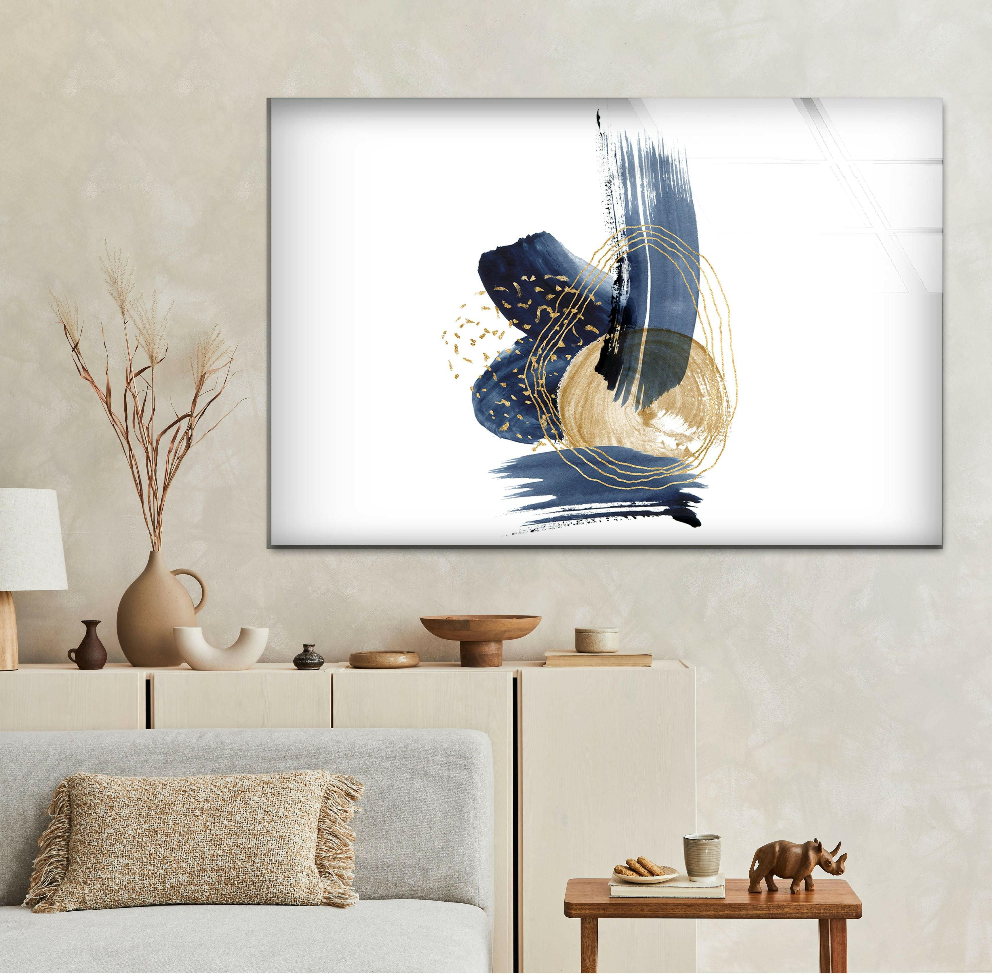 Blue Gold Abstract Painting Glass Wall Art - Modern Home Decor for Living Room, Bedroom & Office - Handmade Glass Wall Hanging for Unique Interior Design