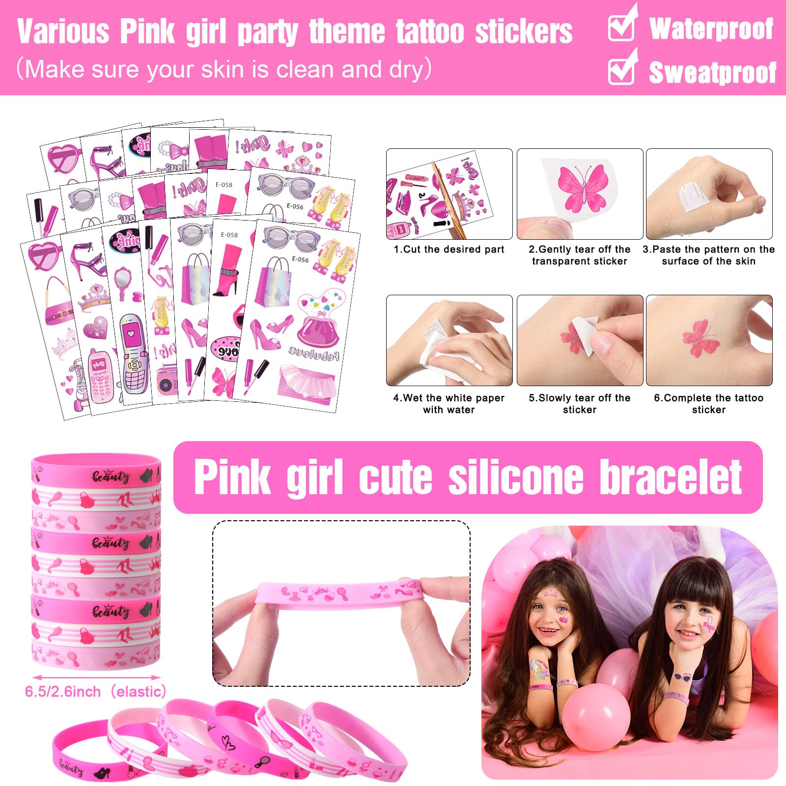 Hotop 196 Pcs Pink Princess Party Favors Kit for Girls - Includes Keychains, Silicone Bracelets, Temporary Tattoos, Pendants, Mirrors, Bags & More - Perfect for Birthday Parties, Baby Showers & Princess Themed Events