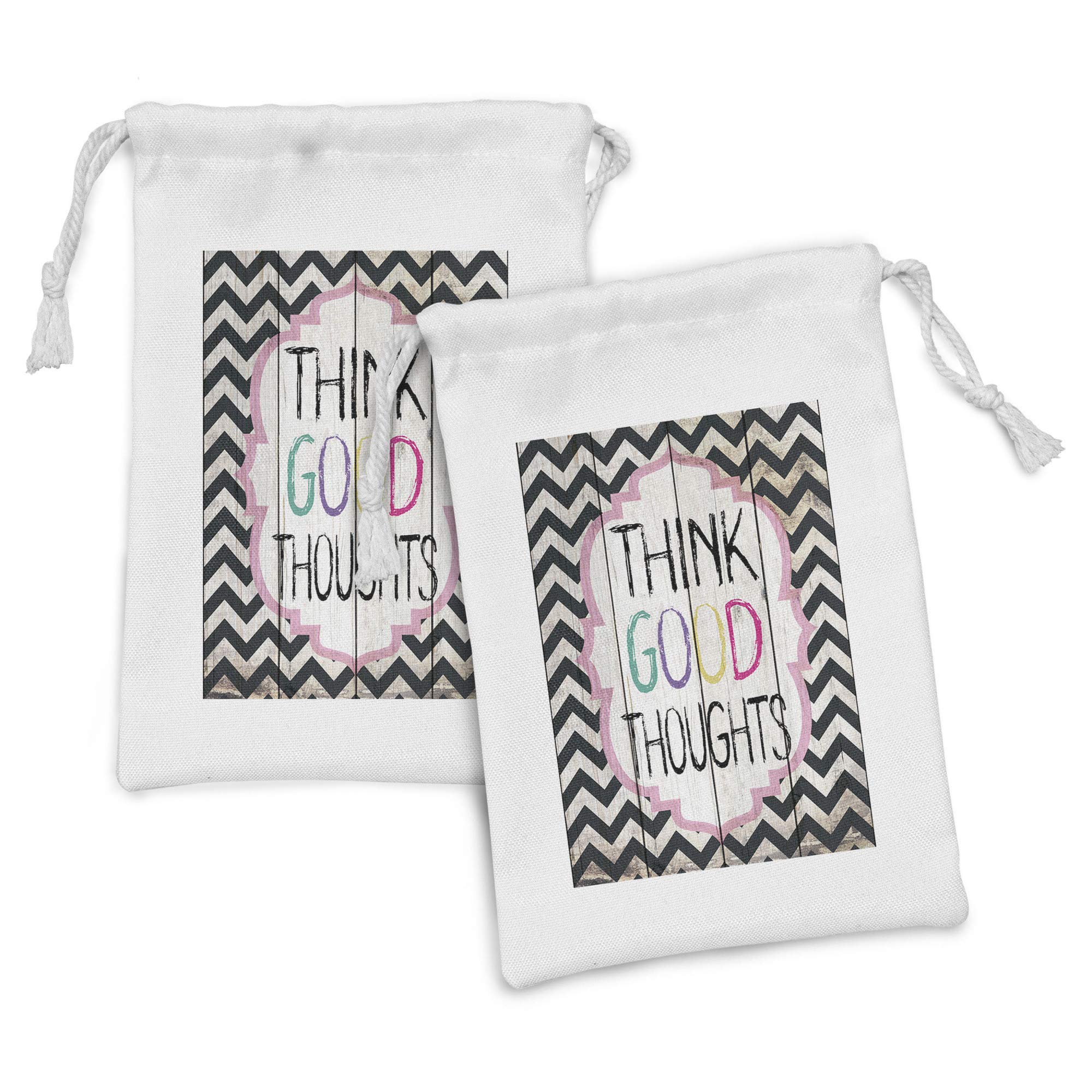 Ambesonne 2-Pack Fabric Drawstring Pouch Set - Rainbow Chevron Zigzag Pattern with Inspirational Quote - 9