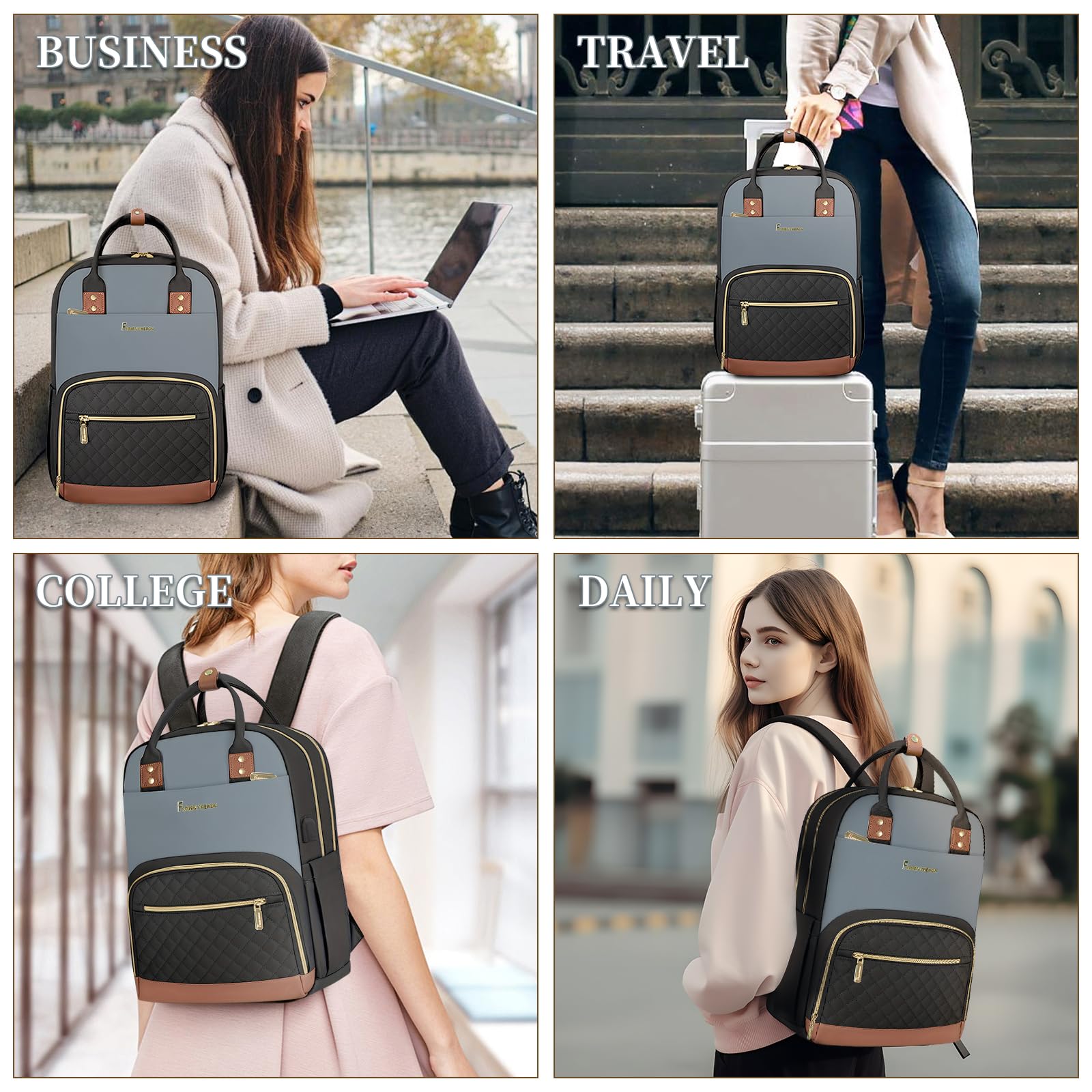 Women's Travel Backpack with USB Charger & Toiletry Bag - 15.6 Inch Laptop Backpack for College, Flight Approved Carry-On Backpack (Black-Grey) - Perfect for Business Trips, Commuting & Weekend Getaways