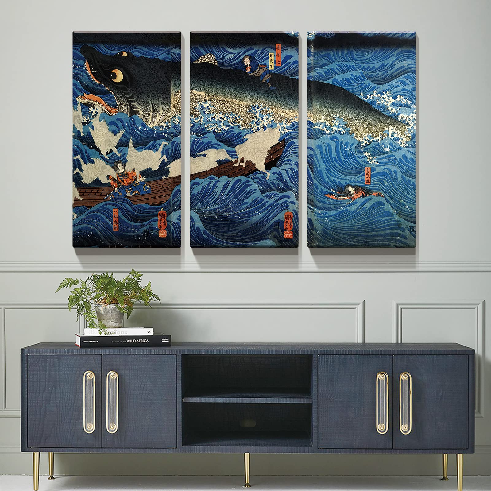 Denozer - 3 Piece Canvas Wall Art Set - Ukiyoe Style Oil Painting Reproduction Giclee Prints, Stretched & Framed Ready to Hang - 24x48 Inch Triptych for Living Room, Bedroom & Office Decor