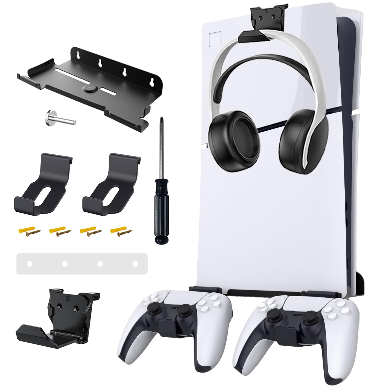 Upgraded Wall Mount Kit for PS5 Slim - Adjustable Bracket with 2 Removable Controller Holders & Headset Hook - Secure Screw Mounting for Living Room, Bedroom, or Gaming Setup