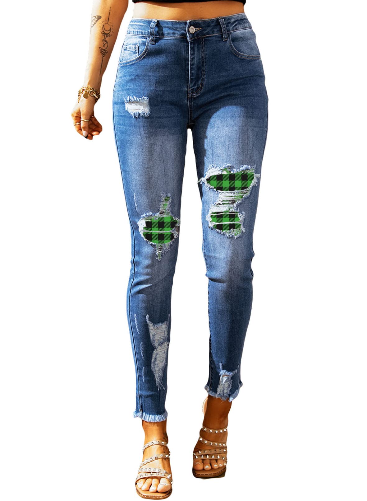 EVALESS Women's High Rise Ripped Skinny Jeans - Slim Fit Boyfriend Jeans with Raw Hem & Stretch Denim | Perfect for Casual Wear, Date Night & Street Style Fashion