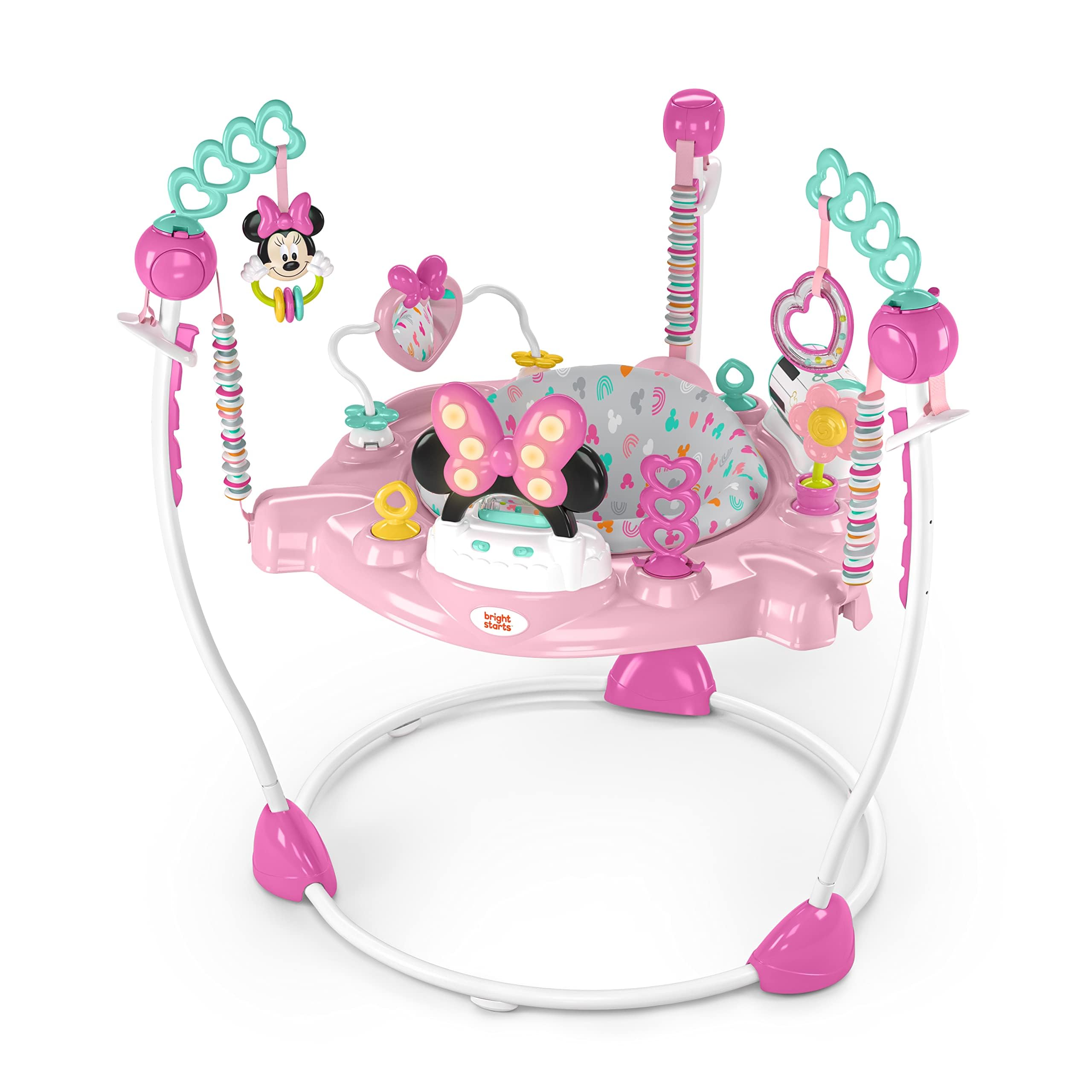 Bright Starts Disney Baby Minnie Mouse Forever Besties Baby Activity Jumper with 10 Interactive Toys, Lights & Sounds, 360-Degree Rotating Seat for Infants 6-12 Months (Pink) - Perfect for Playtime, Learning & Motor Skill Development