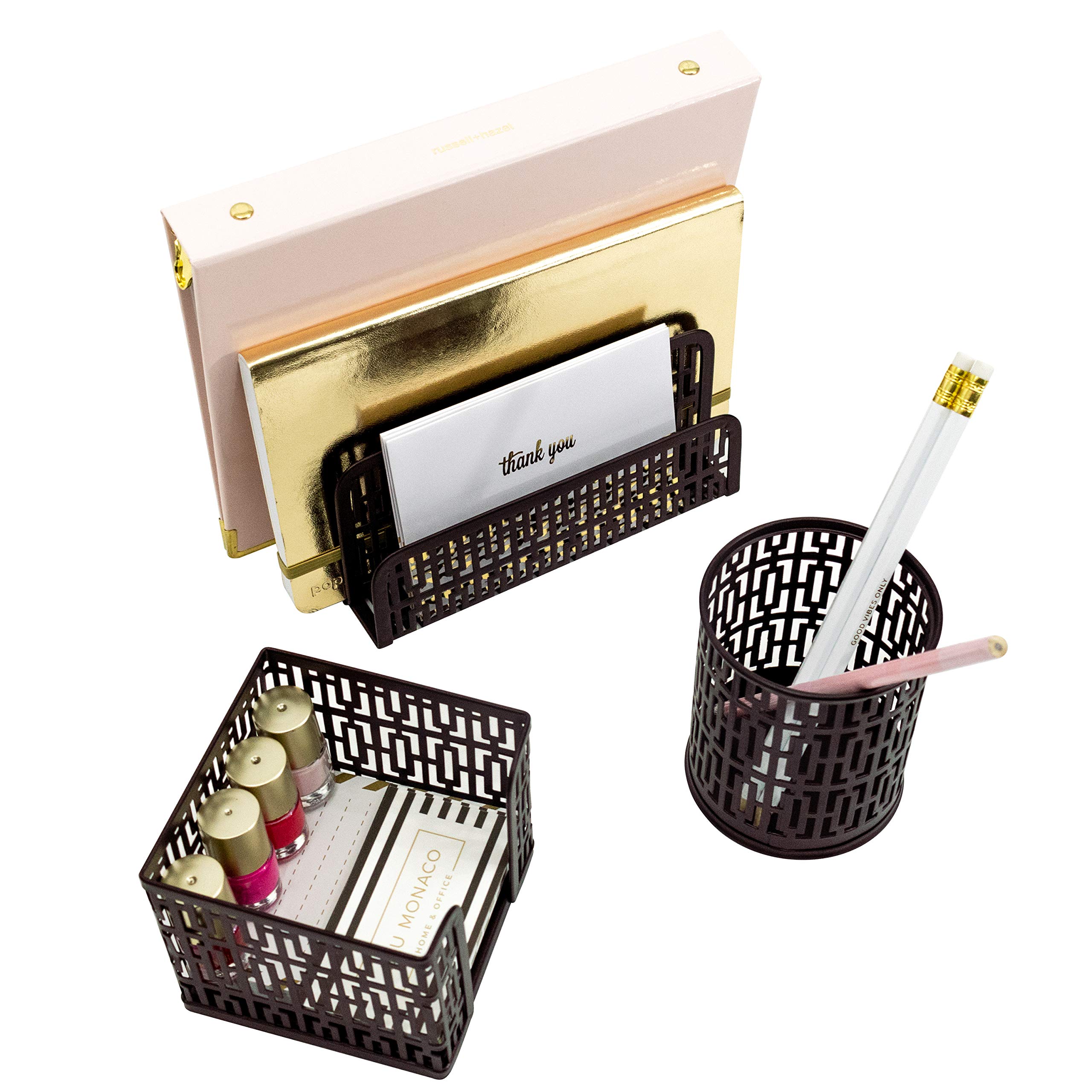 BLU MONACO Bronze Desk Organizer Set - 3 Piece Office Accessories with Letter Tray, Sticky Note Holder & Pen Cup - Modern Trellis Pattern for Women & Men - Perfect for Home Office, Workspace & Gift Giving