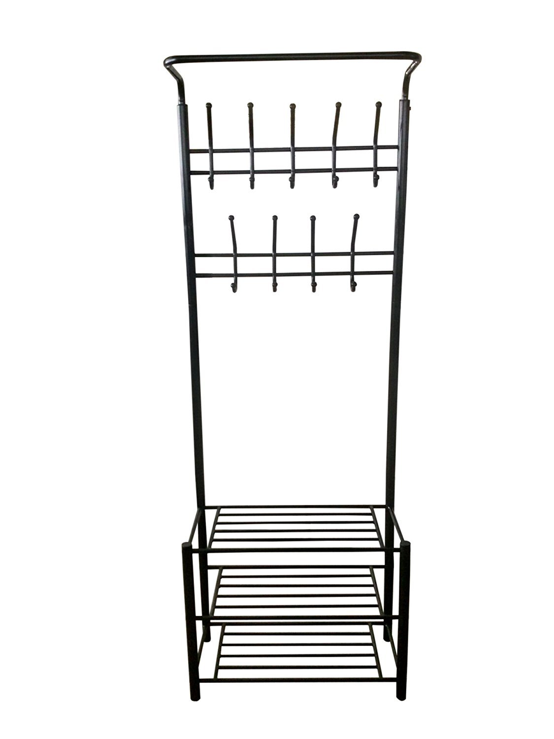 RAAMZO Black Metal Entryway Storage Organizer - 3-Tier Shoe Rack with 18 Hooks for Coats, Hats & Accessories | Space-Saving Hallway Entry Solution for Home & Apartment