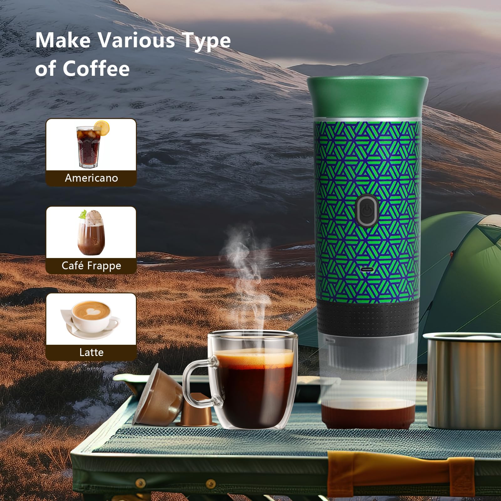 Portable Electric Espresso Machine - Battery Powered Rechargeable Coffee Maker for Camping, Travel, RV & Hiking - Works with Ground Coffee & Capsules - Self Heating Fast Brewing - Green & Black Design - Perfect for Outdoor Adventures, Road Trips and Office Use