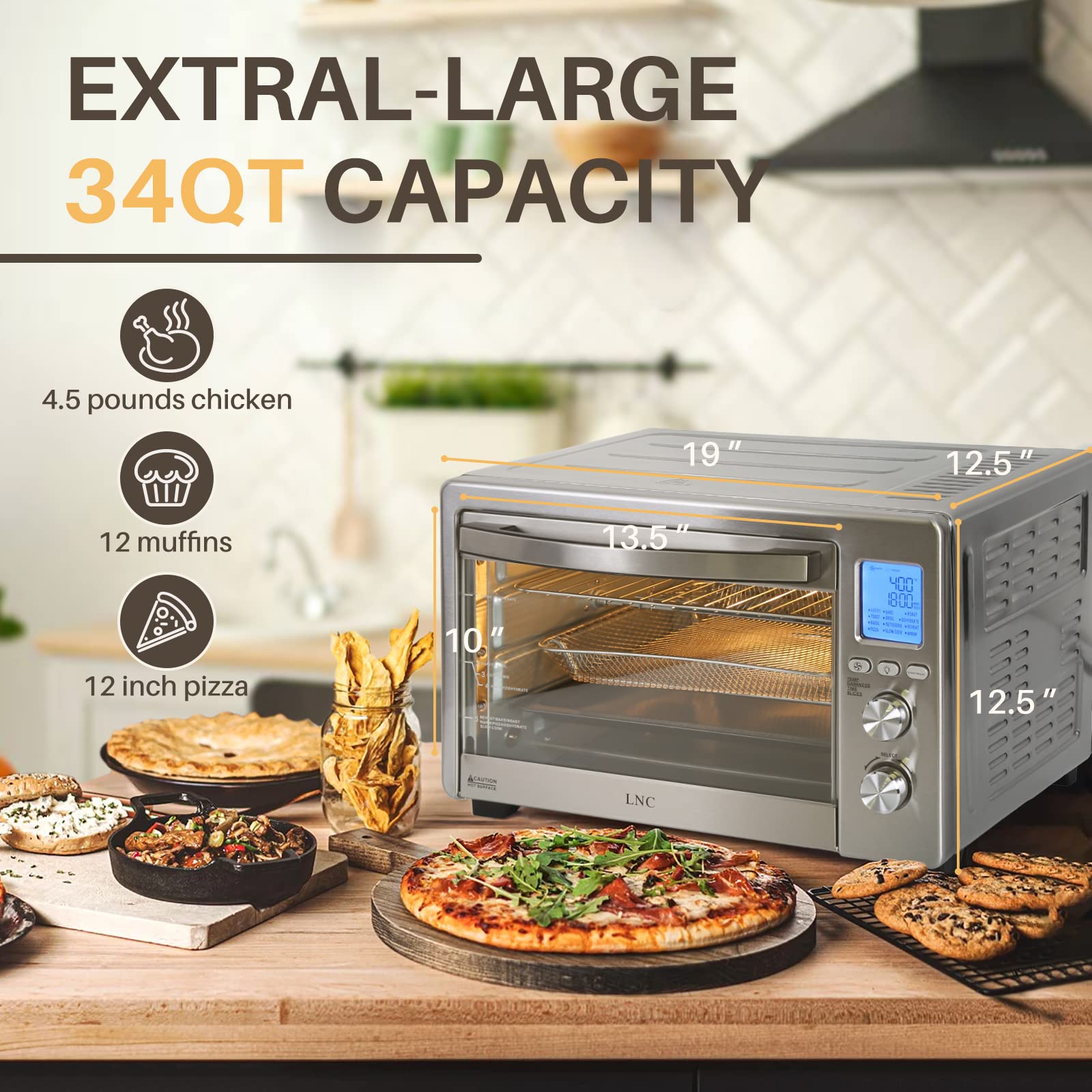 34QT Large Air Fryer Toaster Oven Combo - 1750W Countertop Convection Oven with 12-in-1 Functions, Rotisserie & Pizza Rack (12