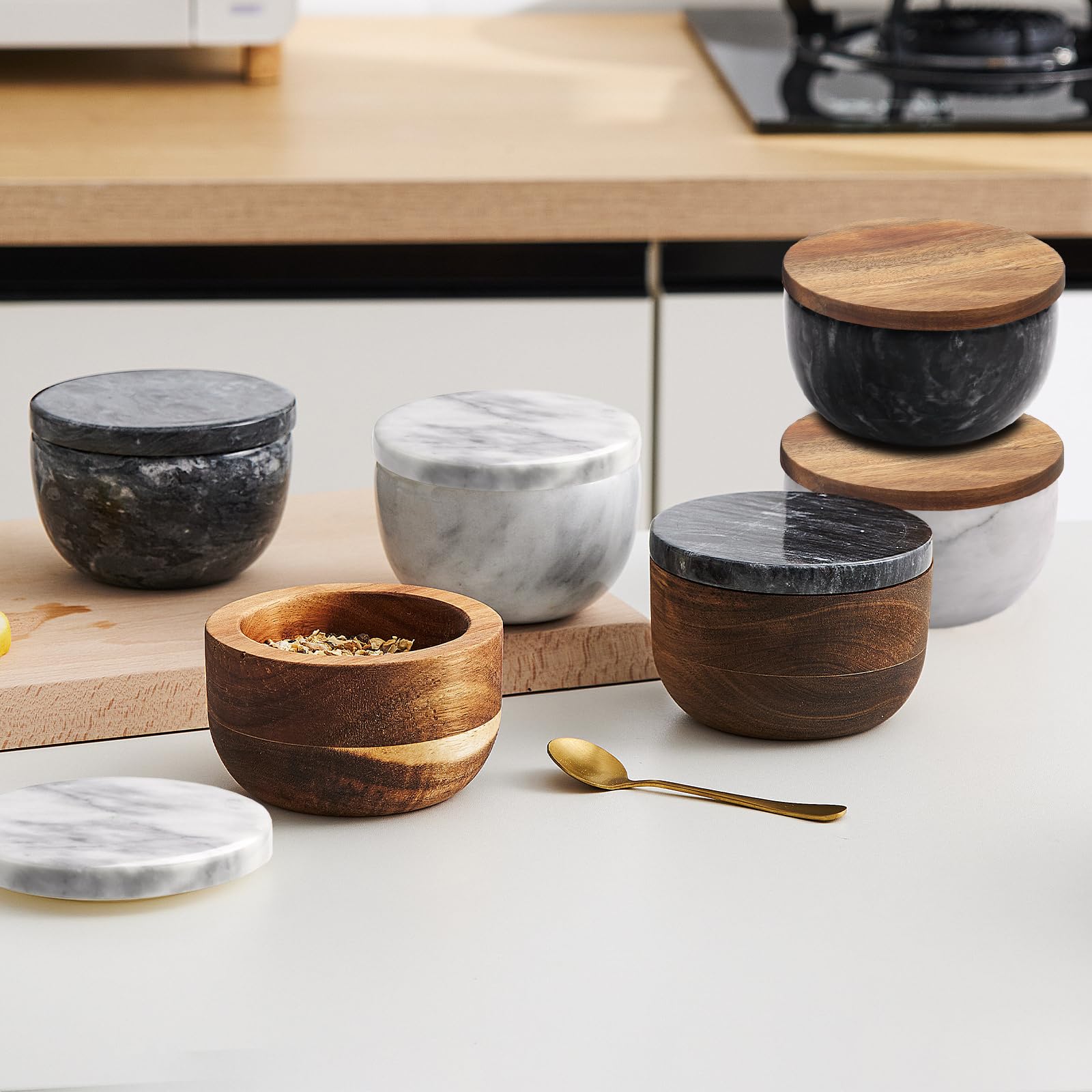 Natural Marble Salt and Pepper Bowls Set with Wooden Lid - Large Capacity Salt Cellar & Spice Container - Perfect for Kitchen, Dining Table, and Gift Giving (Includes Spoon)