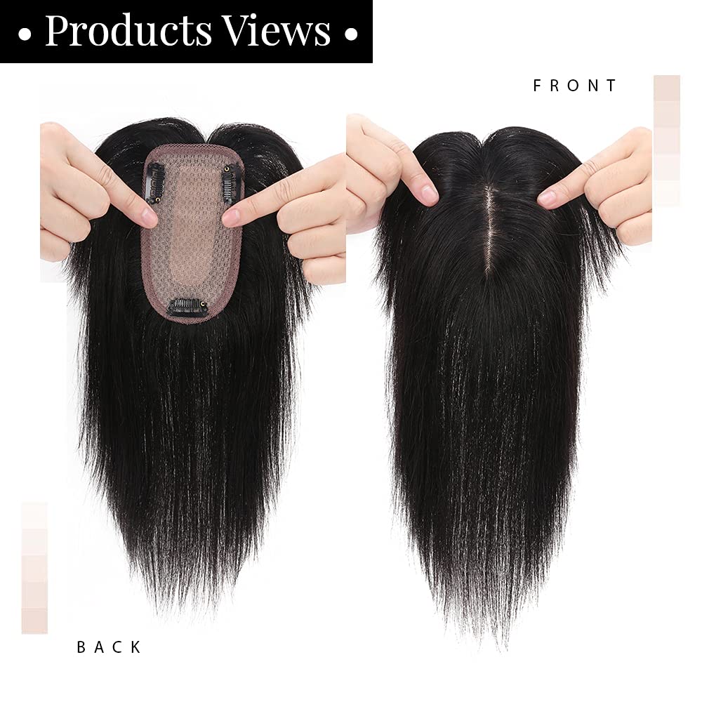 MY-LADY 150% Density Human Hair Toppers With Bangs - 18 Inch Natural Black Silk Base Clip-in Hairpiece for Women with Thinning Hair & Hair Loss - Perfect for Daily Wear, Parties & Special Occasions