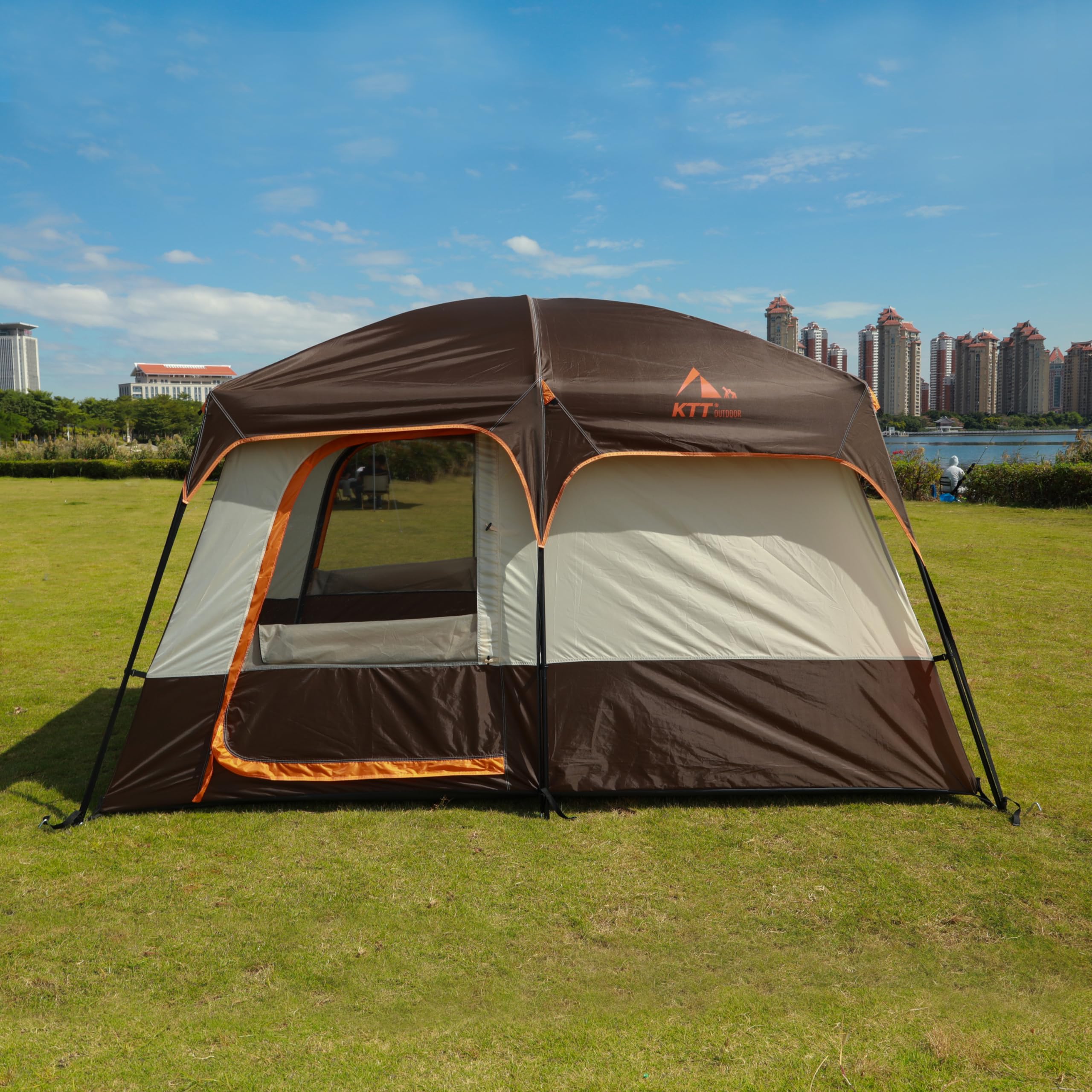 KTT Large Family Camping Tent for 6-8 Person, Waterproof Straight Wall Cabin Tent with 3 Doors & 3 Mesh Windows - Perfect for Outdoor Adventures, Picnics, Family Gatherings & Backyard Camping