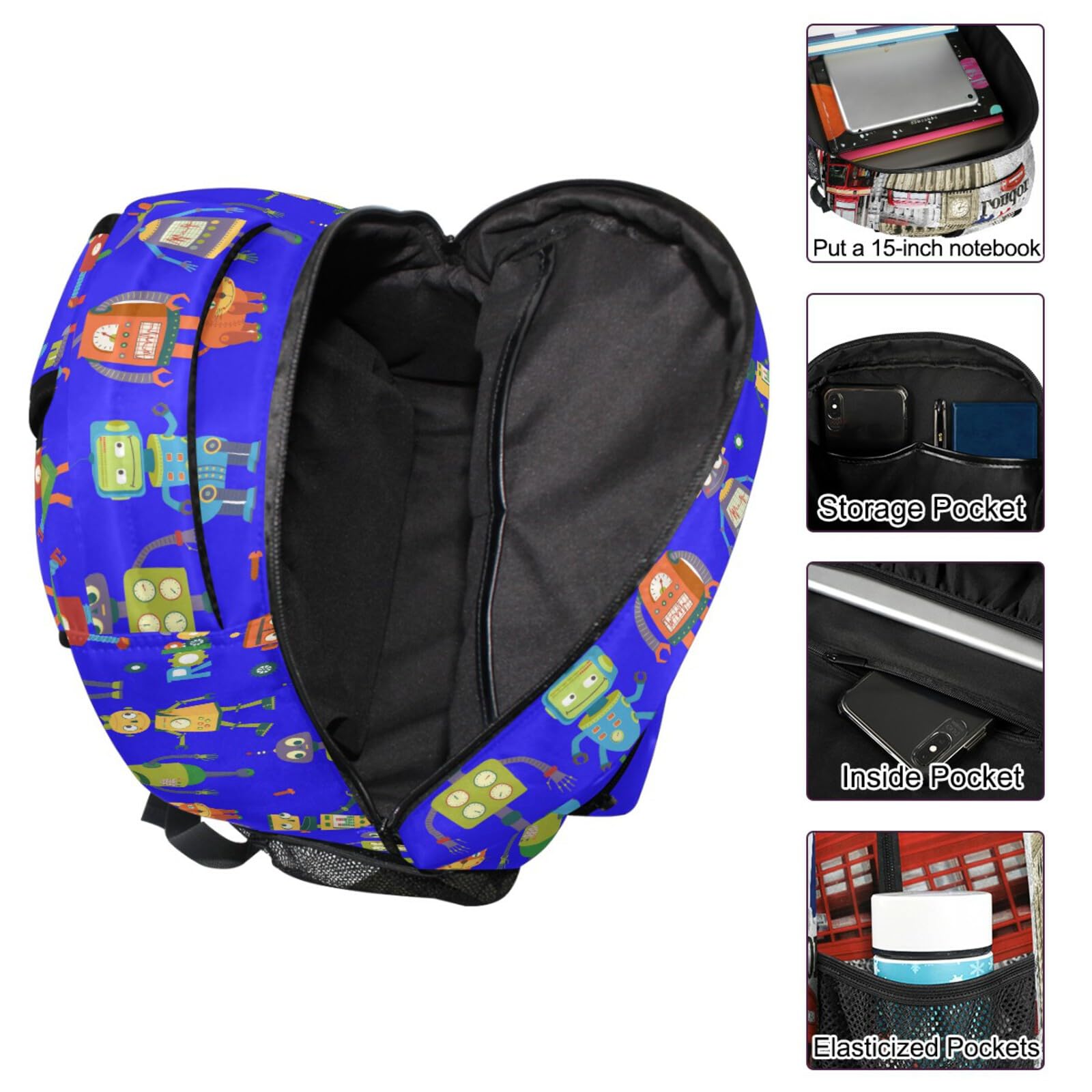 ZZKKO Cartoon Robot Backpack for Boys & Girls - Durable School Book Bag, Travel Daypack for Hiking, Camping, Work & Laptop - Deep Blue | Perfect for Students, Commuters & Outdoor Adventures