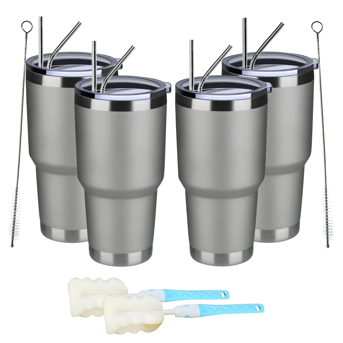 MEWAY 30oz Insulated Stainless Steel Tumbler with Lid & Straw - Double Wall Vacuum Coffee Cup for Hot & Cold Drinks - Powder Coated Durable Travel Mug - Perfect for Office, Commuting, Camping & Outdoor Activities (4 Pack, Cold Grey)