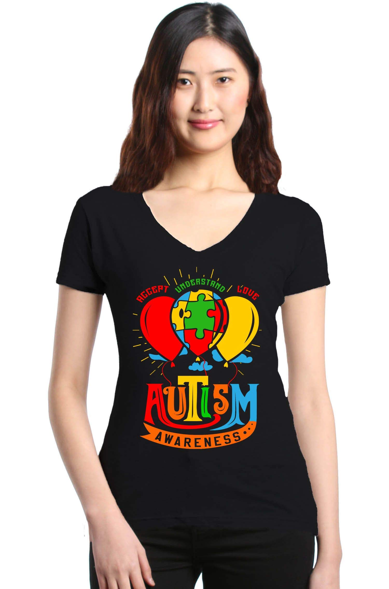 Autism Awareness Balloon Print Women's V-Neck Slim Fit T-Shirt - Comfortable & Stylish for Casual Wear, Fundraising Events & Support Awareness