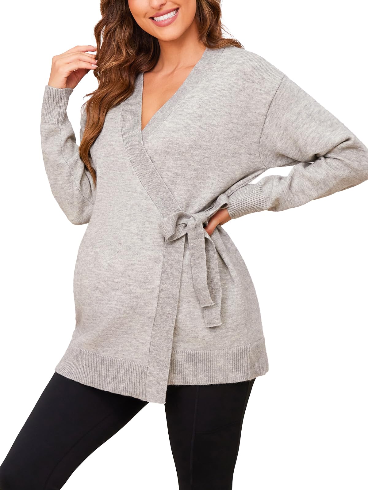 Liu & Qu Women's V-Neck Maternity Sweater Tops - Soft Tie Front Wrap Knit Shirts for Pregnancy, Nursing & Postpartum - Comfortable Stretchy Maternity Clothes for Work, Dates & Everyday Wear