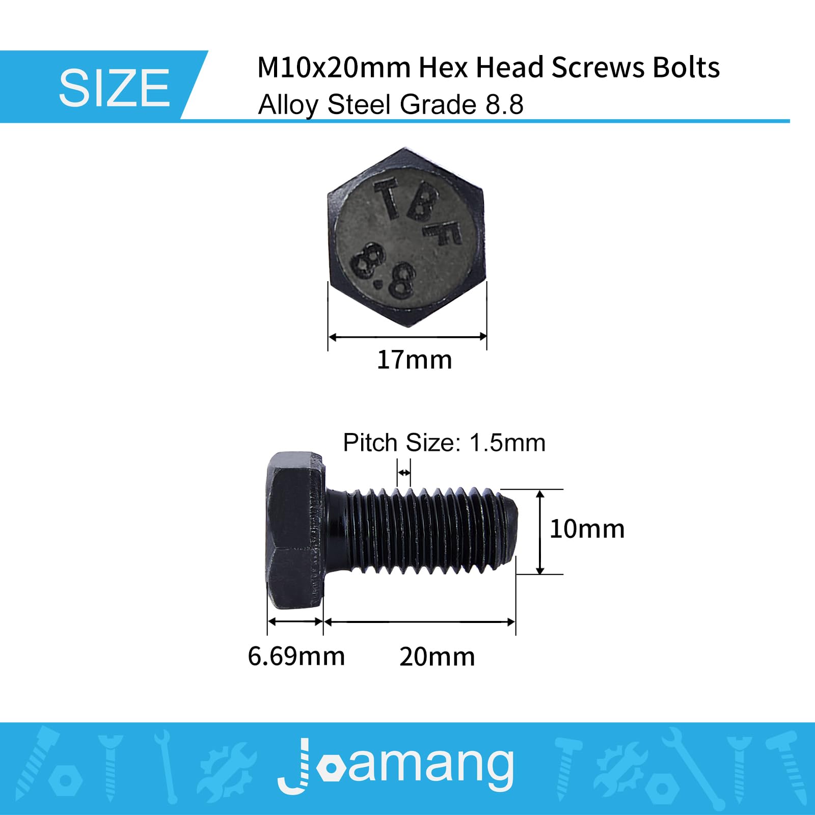 M10x20mm Hex Bolts 10Pcs - 8.8 Grade Alloy Steel for Machinery & Construction