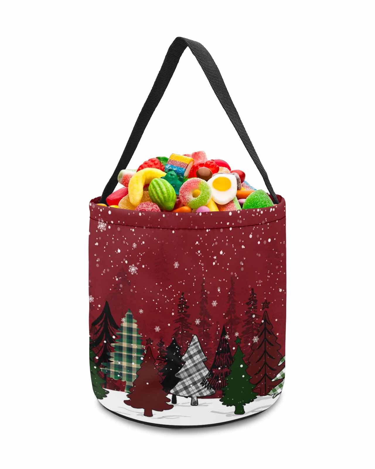 2 Pack Halloween Trick or Treat Candy Bags | Christmas Tree Design Reusable Collapsible Tote for Holiday Parties | Perfect for Candy, Gifts & Party Favors | Winter Snow Scene Red | Great for Halloween, Christmas & Birthday Celebrations