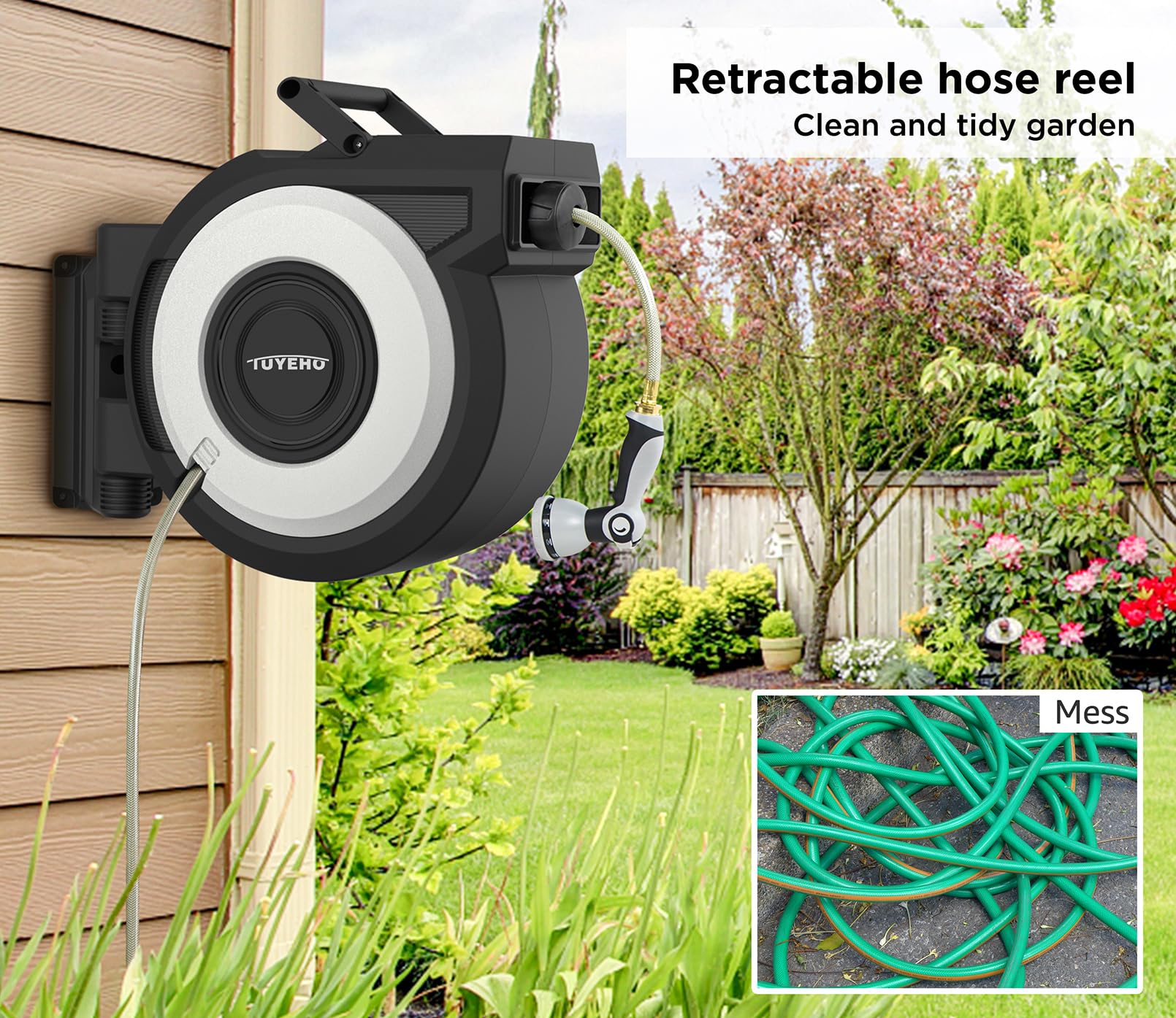 Tuyeho 100FT Retractable Garden Hose Reel - Heavy Duty Wall Mount Water Hose Reel with Auto Rewind System & 2 Nozzles - Perfect for Lawn Care, Car Washing, Pet Bathing & Outdoor Cleaning