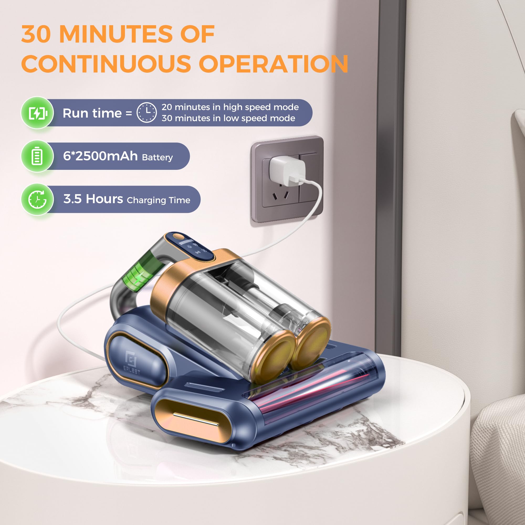 16KPa Cordless Mattress Vacuum Cleaner with UV & Ultrasonic for Dust & Pet Hair - Home & Travel Use