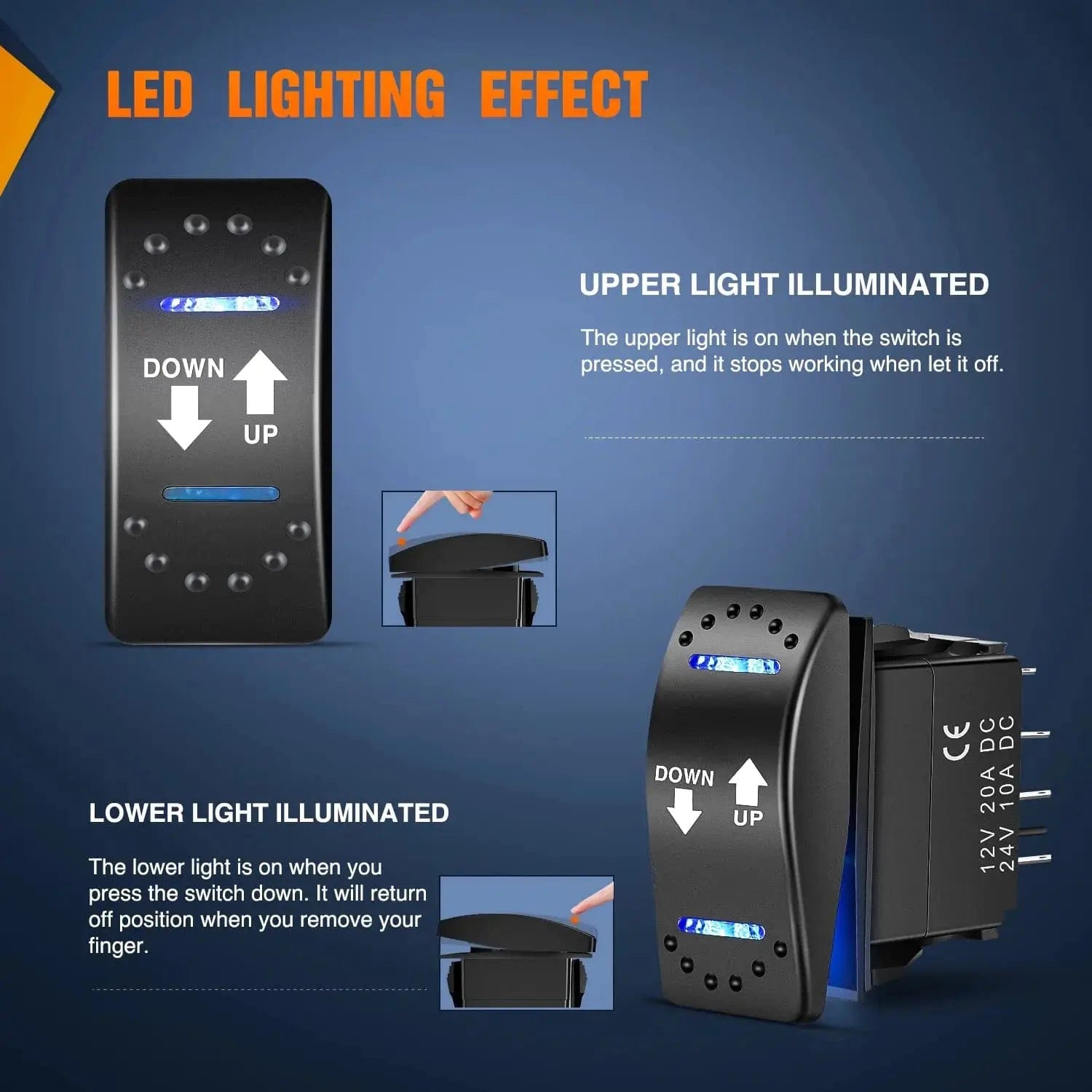 7 Pin DPDT On/Off Momentary Rocker Switch - Blue LED Illuminated for Car, Boat, Marine, RV & Industrial Equipment (Up/Down Operation)