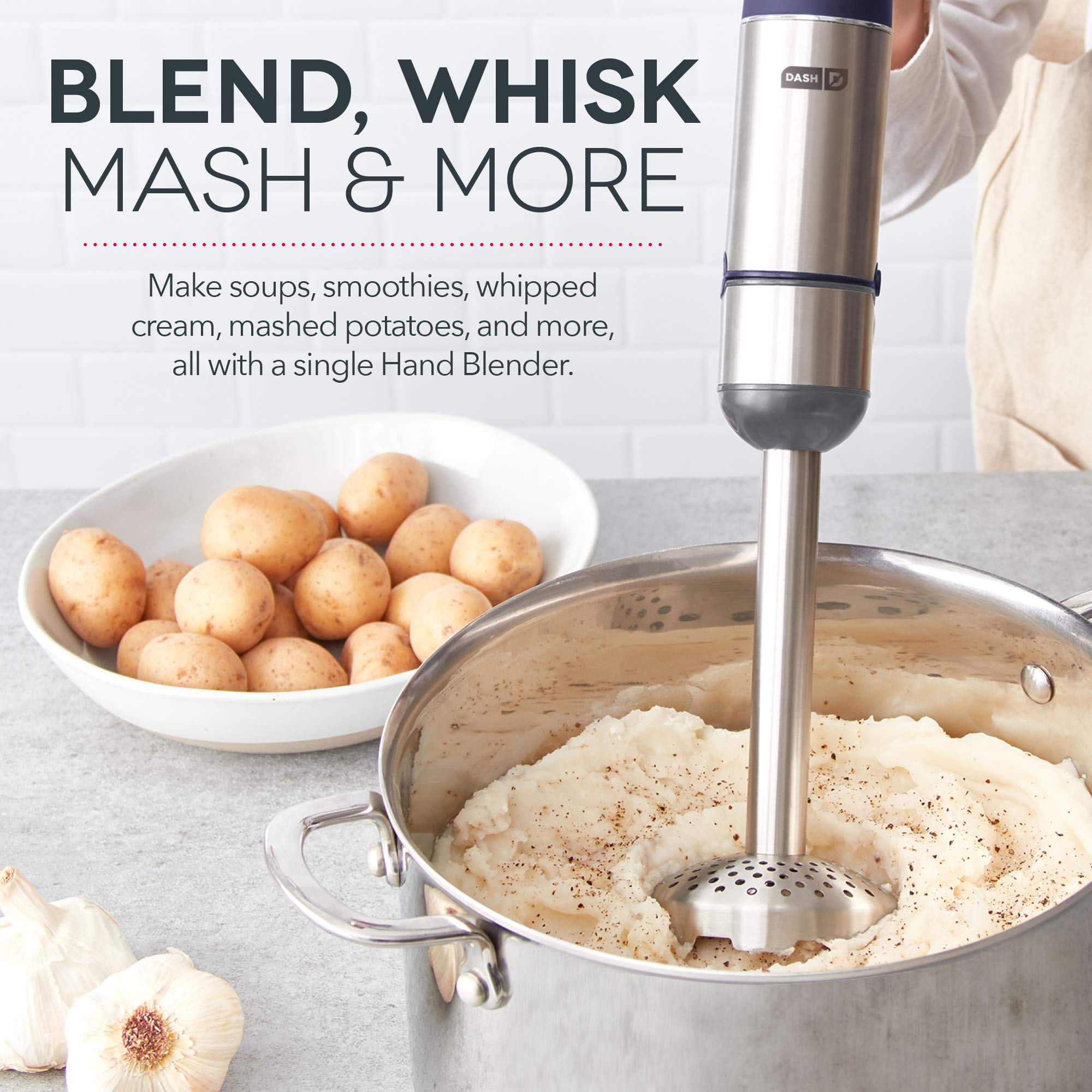 Dash Chef Series Deluxe 5-Speed Immersion Hand Blender with Stainless Steel Blades - Includes Dough Hooks, Food Processor, Grater, Masher, Slicer & Whisk Attachments + Recipe Guide - Perfect for Smoothies, Soups, Baby Food & Baking (Midnight)