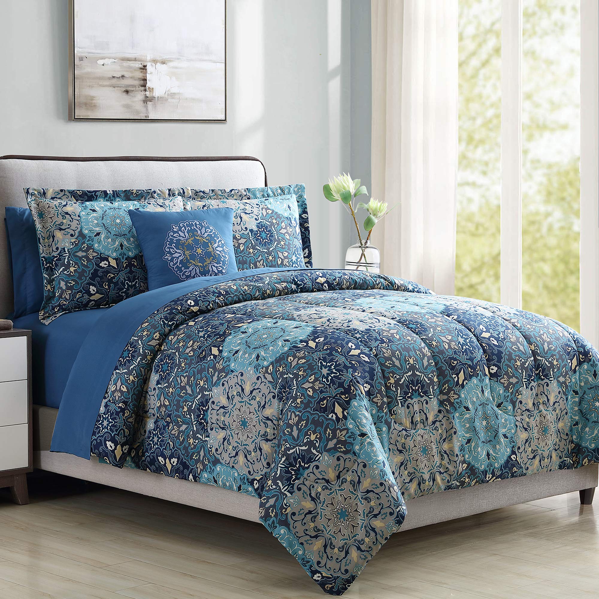 Modern Threads Granada Collection Reversible Microfiber Comforter Set - Elegant Printed Bedding Set with Comforter, Sheets, Shams & Pillow - Luxury Bedroom Decor for Master Bedroom, Guest Room & Dorm