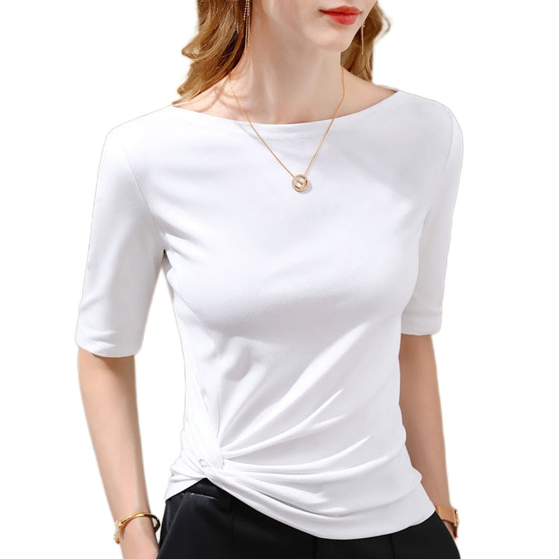 Women's Slash Neck Solid Color T-Shirt - Comfortable Casual Basic Tee for Everyday Wear, Workout & Layering