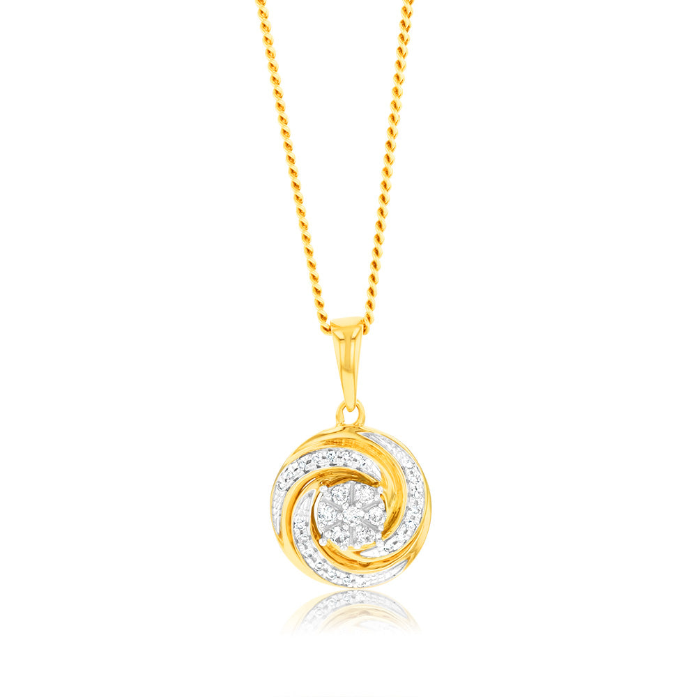 9ct Tri-Tone 1/10 Carat Diamond Swirl Pendant Necklace - 28 Round Brilliant Cut Diamonds in White, Rose & Yellow Gold - Elegant Jewelry Gift for Women, Perfect for Anniversaries, Birthdays & Special Occasions
