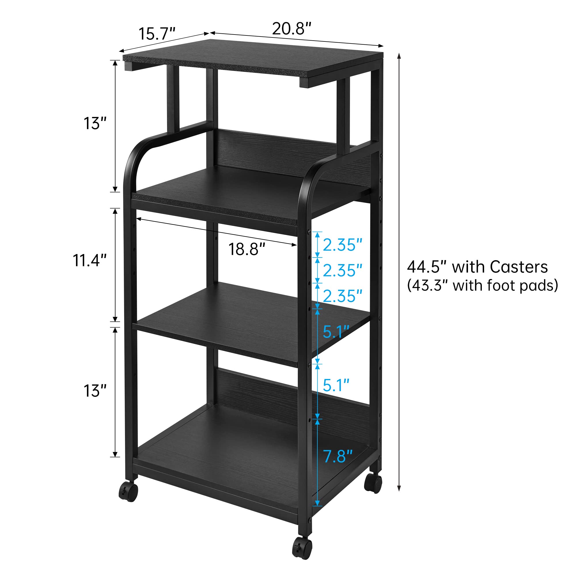 Adjustable 4-Tier Printer Stand with Wheels - Large Tall Rolling Cart for Home Office Storage, Computer Tower, CPU & Shredder Organization (Black) | Perfect for Small Spaces & Workspace Organization