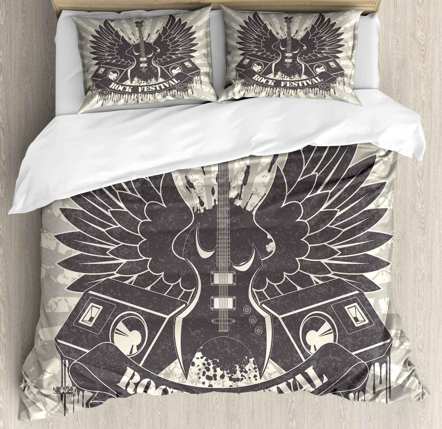 Ambesonne Rock Music Duvet Cover Set - Striped Instrument Wings Speakers Design, Hipster Rock and Roll Bedding, 2 Duvet Covers & 4 Pillowcases, King Size 2-Pack, Taupe Dust Cream - Perfect for Bedrooms, Dorms, and Music Lovers