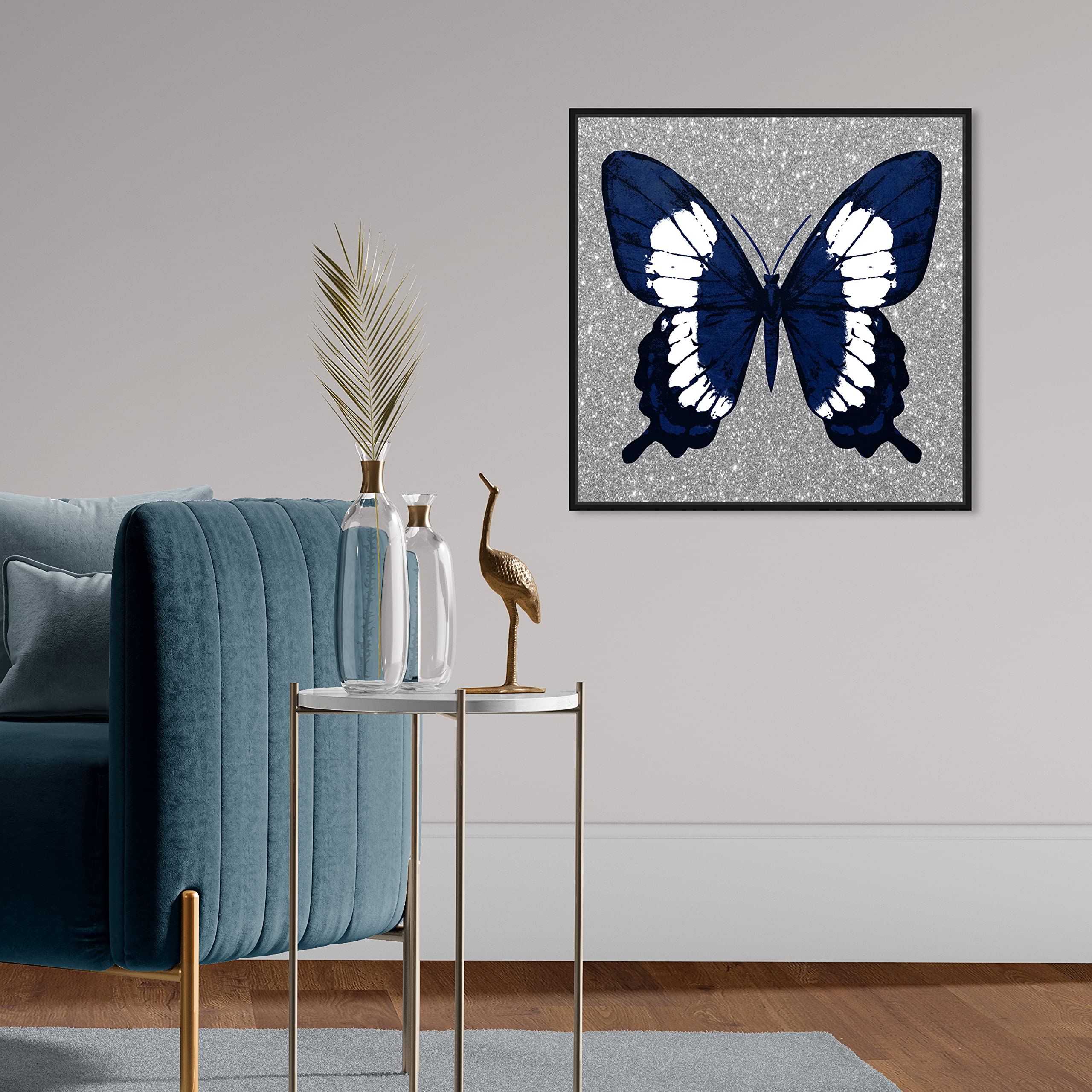 Oliver Gal Artist Co. Animals Wall Art Canvas Print - Glitter Navy Silver Butterfly Insect Home Decor - 20x20 Inches Black Framed Painting for Living Room, Bedroom & Office Decoration