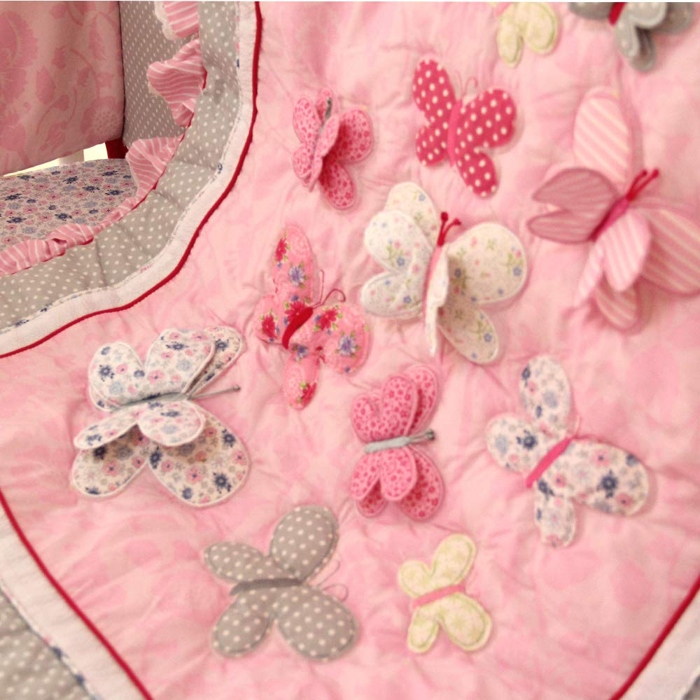 Brandream 5-Piece Pink Butterfly Nursery Bedding Set for Baby Girls - Crib Skirt, Fitted Sheet, Bumper Pads, Window Valance - Soft Cotton Crib Set for Infant & Toddler Bedrooms, Baby Shower Gift