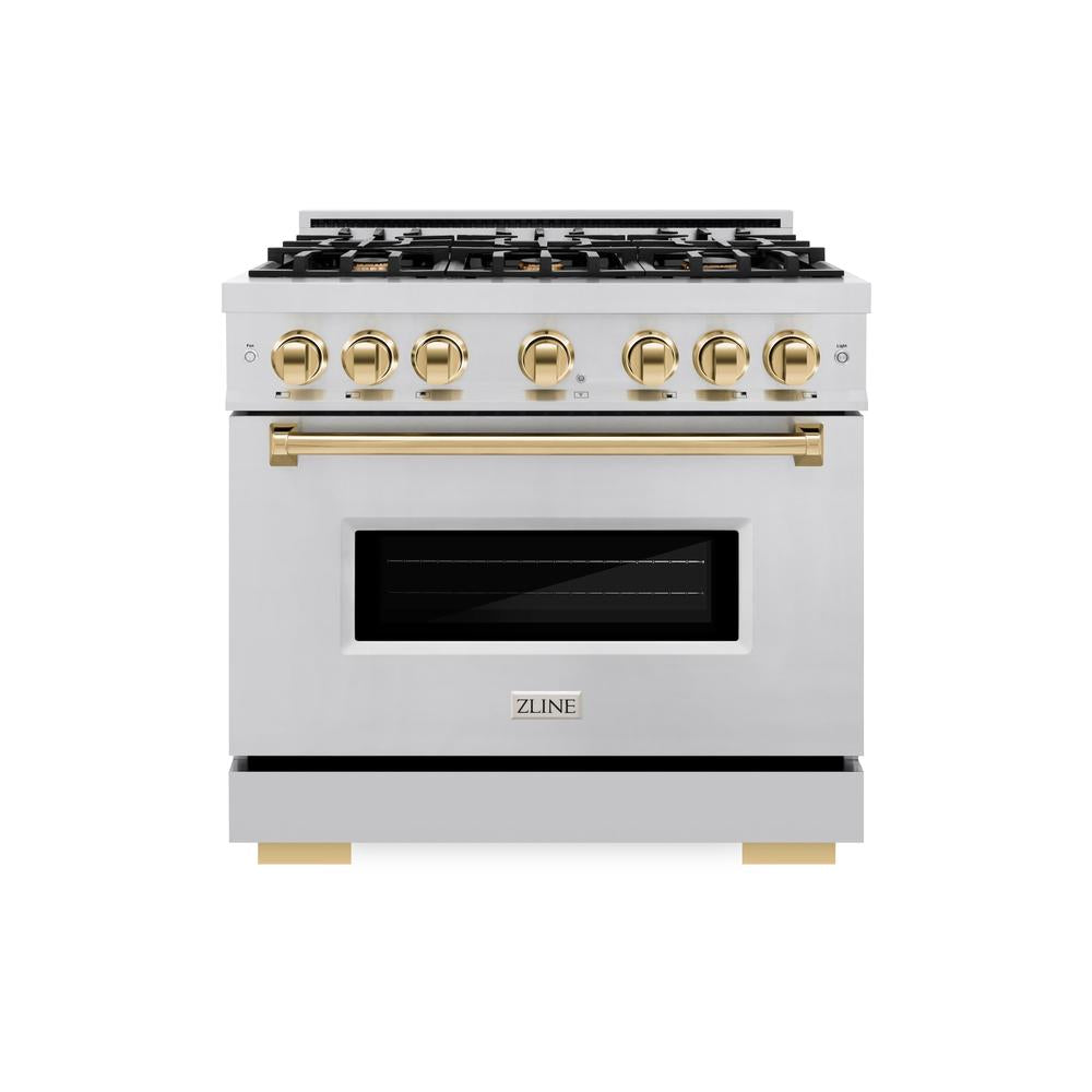 ZLINE Autograph Edition 36 Inch 5.2 Cu. Ft. Classic Gas Range with 6 Burner Cooktop & Convection Gas Oven - Stainless Steel with Polished Gold Accents (CGRZ 36 G) - Perfect for Professional Home Chefs & Modern Kitchens
