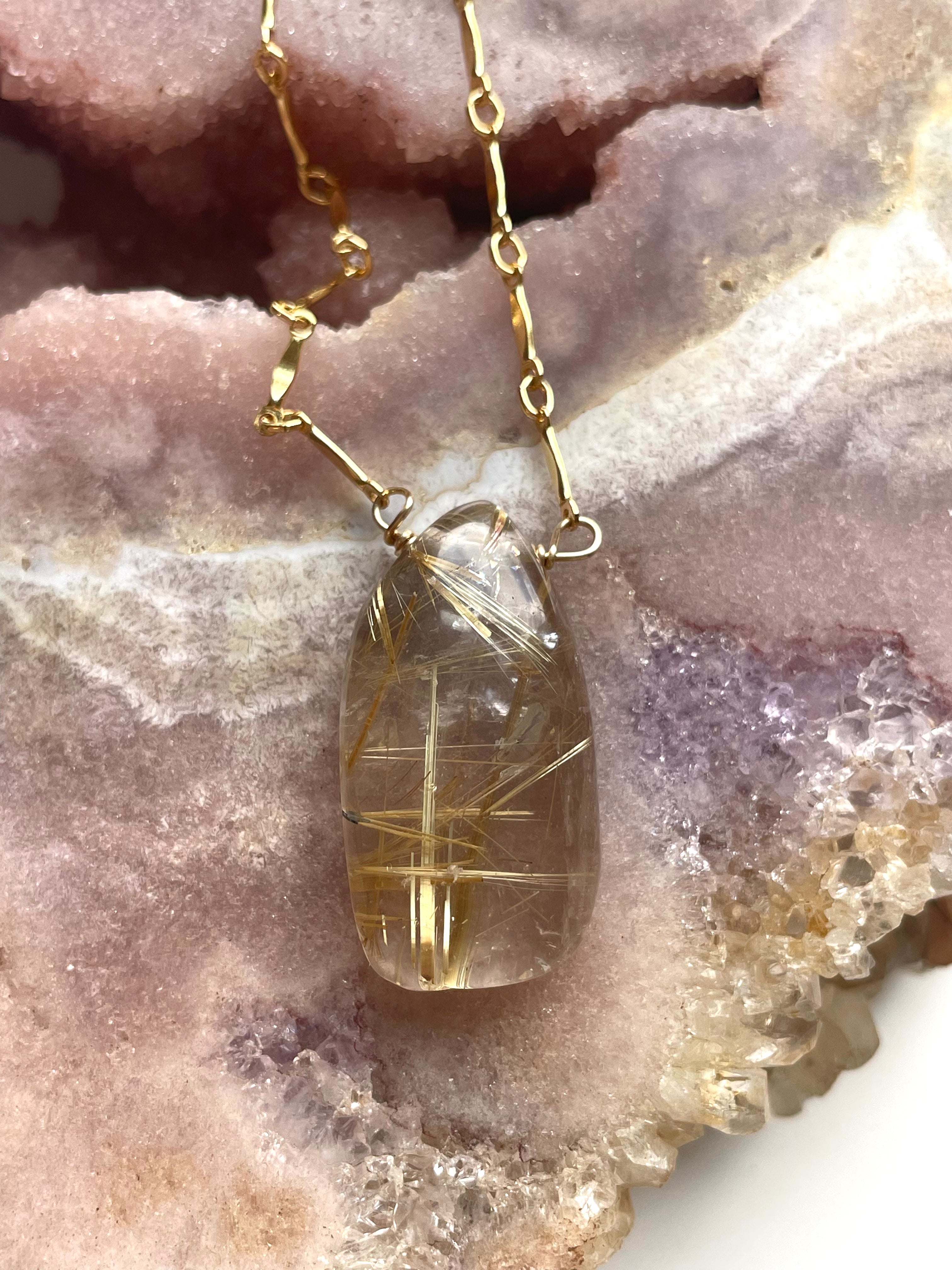 Golden Rutilated Quartz Necklace - Healing Crystal Jewelry for Women, Spiritual Energy & Chakra Balancing | Perfect for Meditation, Yoga & Everyday Wear