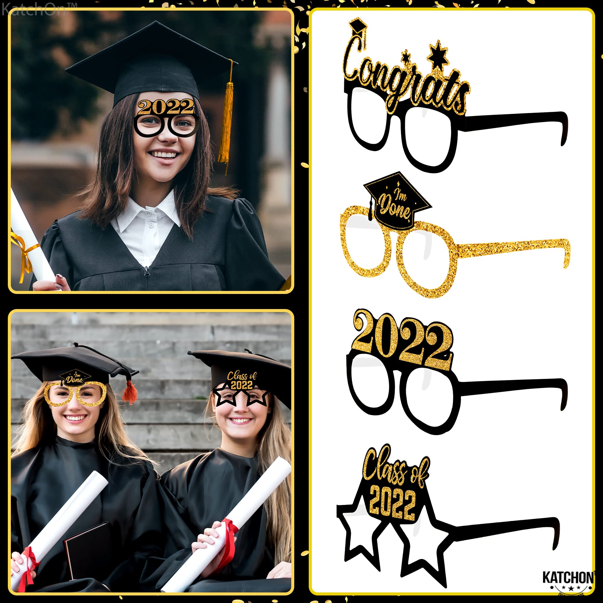 2024 Graduation Party Glasses - Pack of 12 | Black & Gold Grad Party Decorations | Photo Booth Props & Party Favors | Perfect for Graduation Celebrations, Photo Shoots & School Events