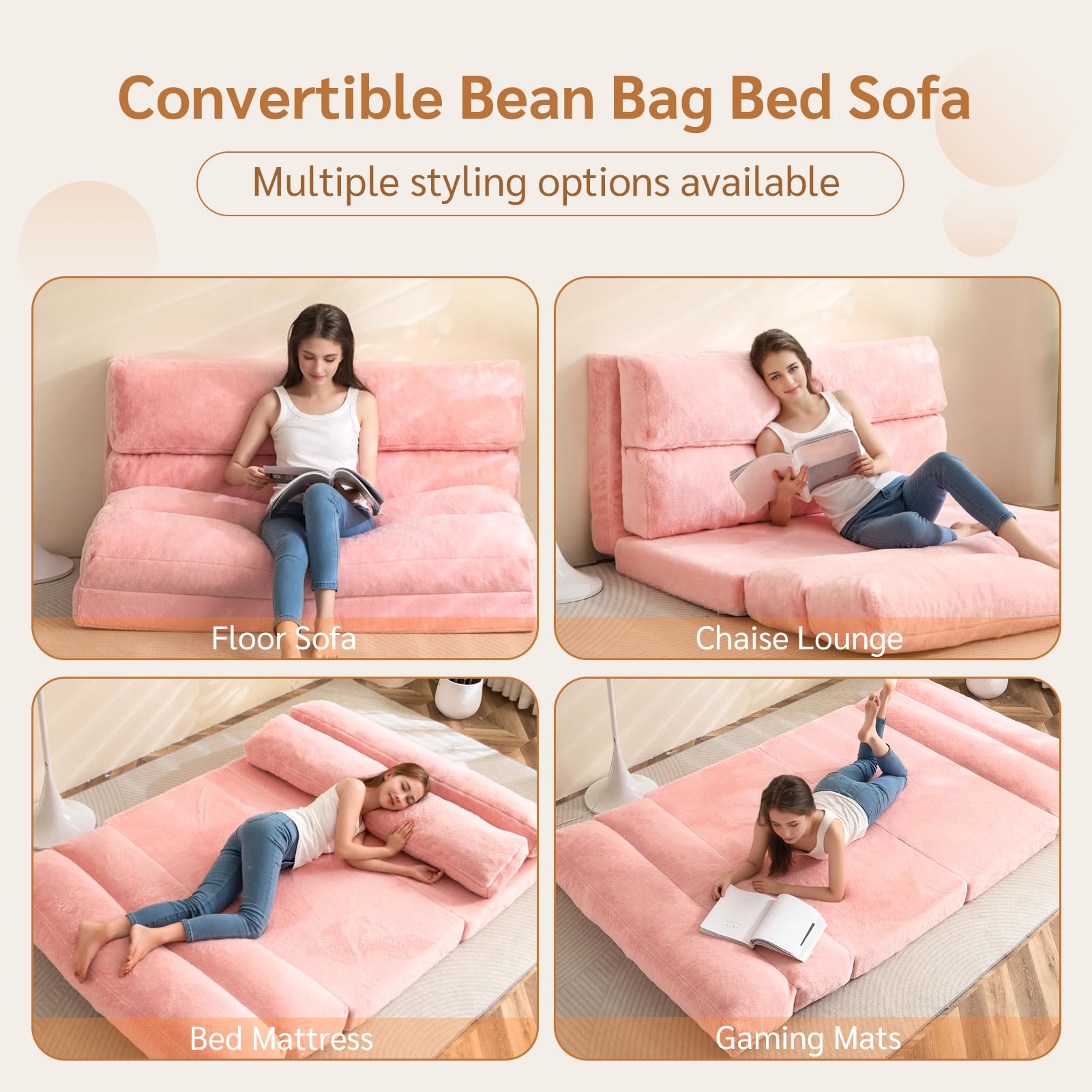 MAXYOYO Extra Wide Bean Bag Bed - Foldable Sofa Bed & Floor Mattress for Adults & Kids, Pink Floor Couch - Perfect for Living Room, Bedroom, Dorm & Lounge Relaxation