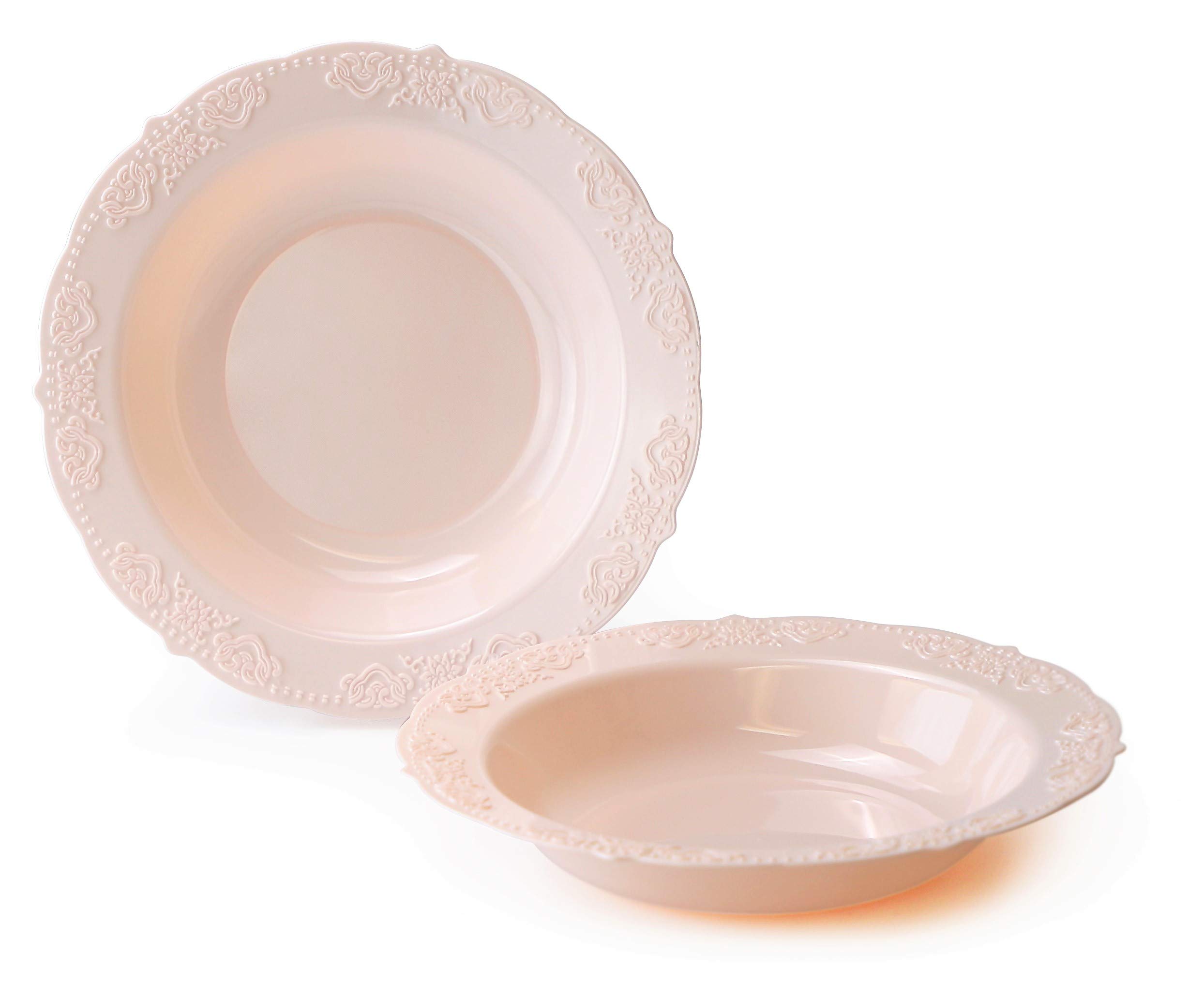 240 Pack Vintage Disposable Plastic Bowls 10 oz - Light Pink Portofino Design for Wedding, Party & Soup - Elegant Tableware for Events, Catering & Home Entertaining