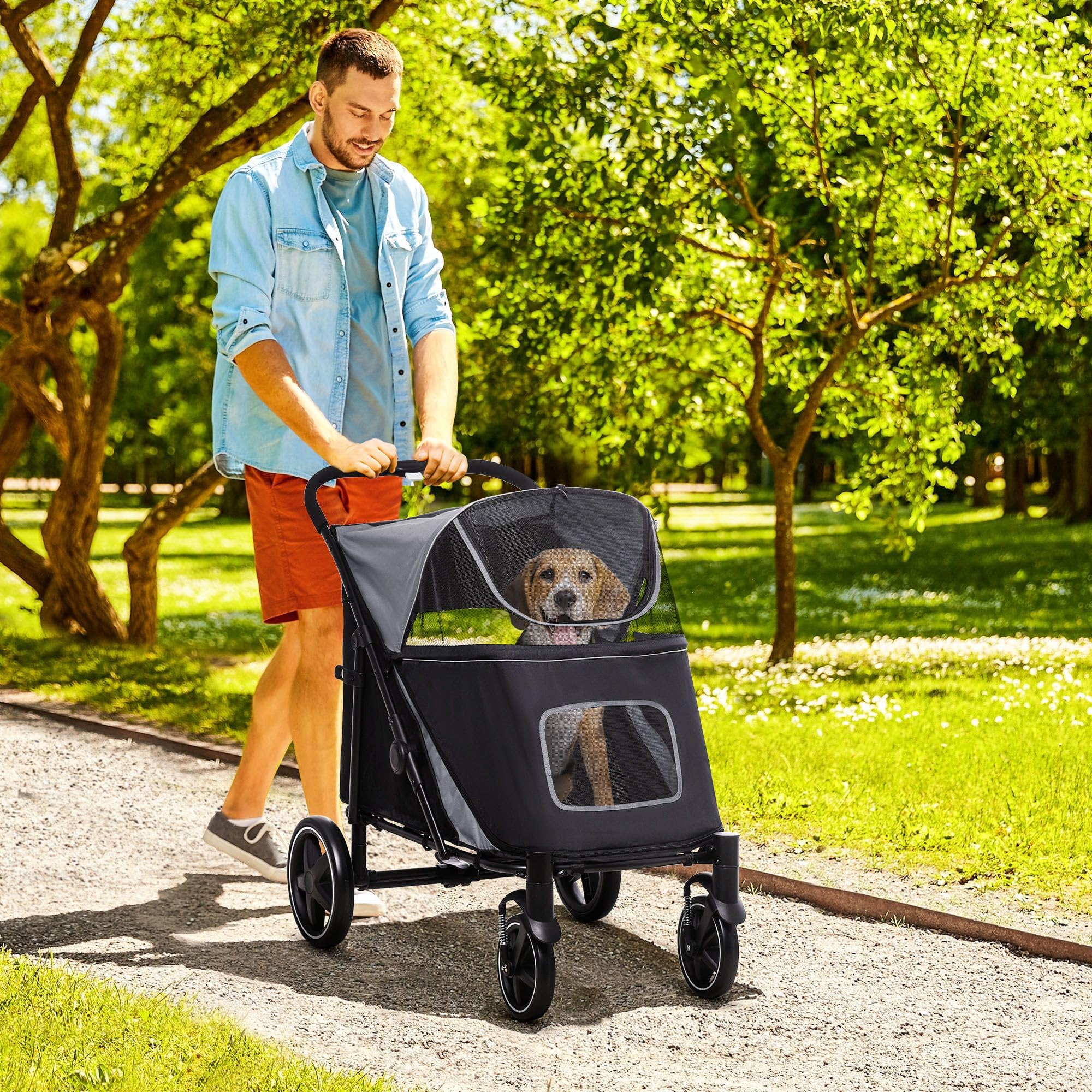 Extra Large Foldable Pet Stroller with Storage Bag & Mesh Window - Shock Absorbing Dog Stroller for Large Breeds (Gray) | Perfect for Outdoor Walks, Vet Visits & Travel with Your Dog