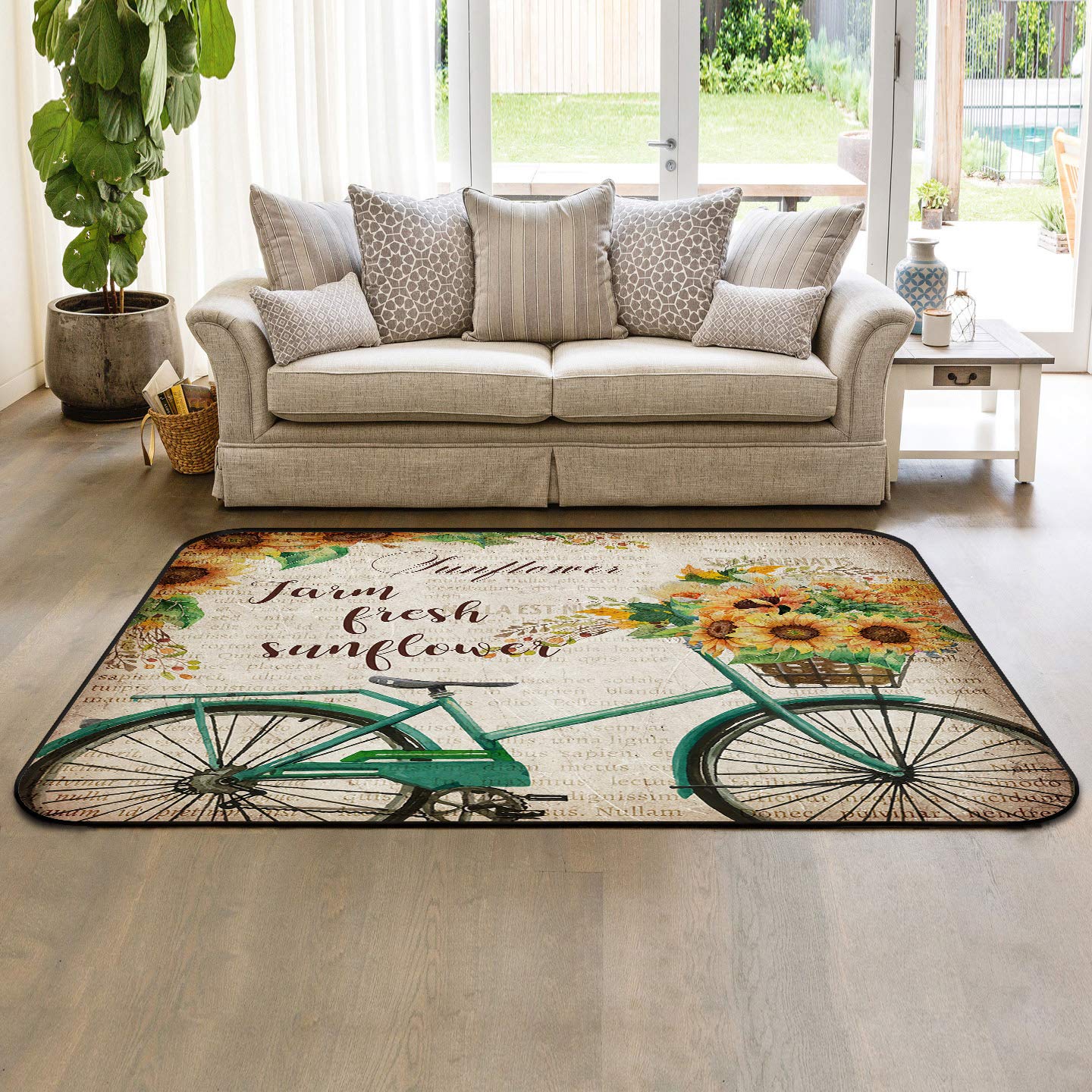 4'x6' Sunflower Vintage Newspaper Print Non-Skid Area Rug - Machine Washable Rectangle Carpet for Living Room, Bedroom & Kids Room Decor - Perfect for Boho Home Decor, Nursery & Dorm Room Flooring