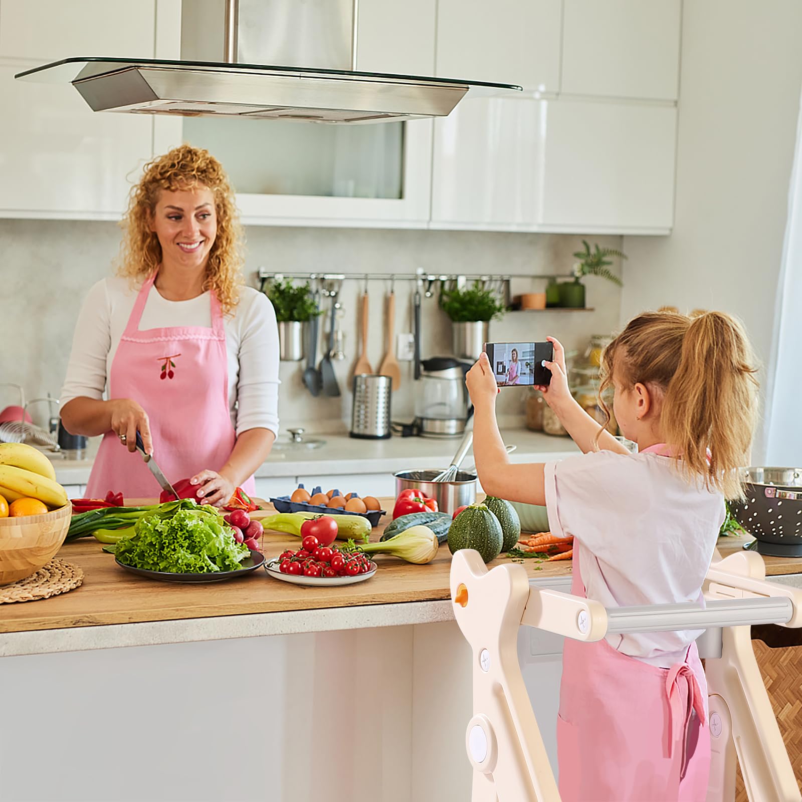 Foldable Toddler Kitchen Step Stool with Adjustable Height & Safety Rail - Anti-Drop Standing Tower Helper for Cooking, Baking & Learning Activities
