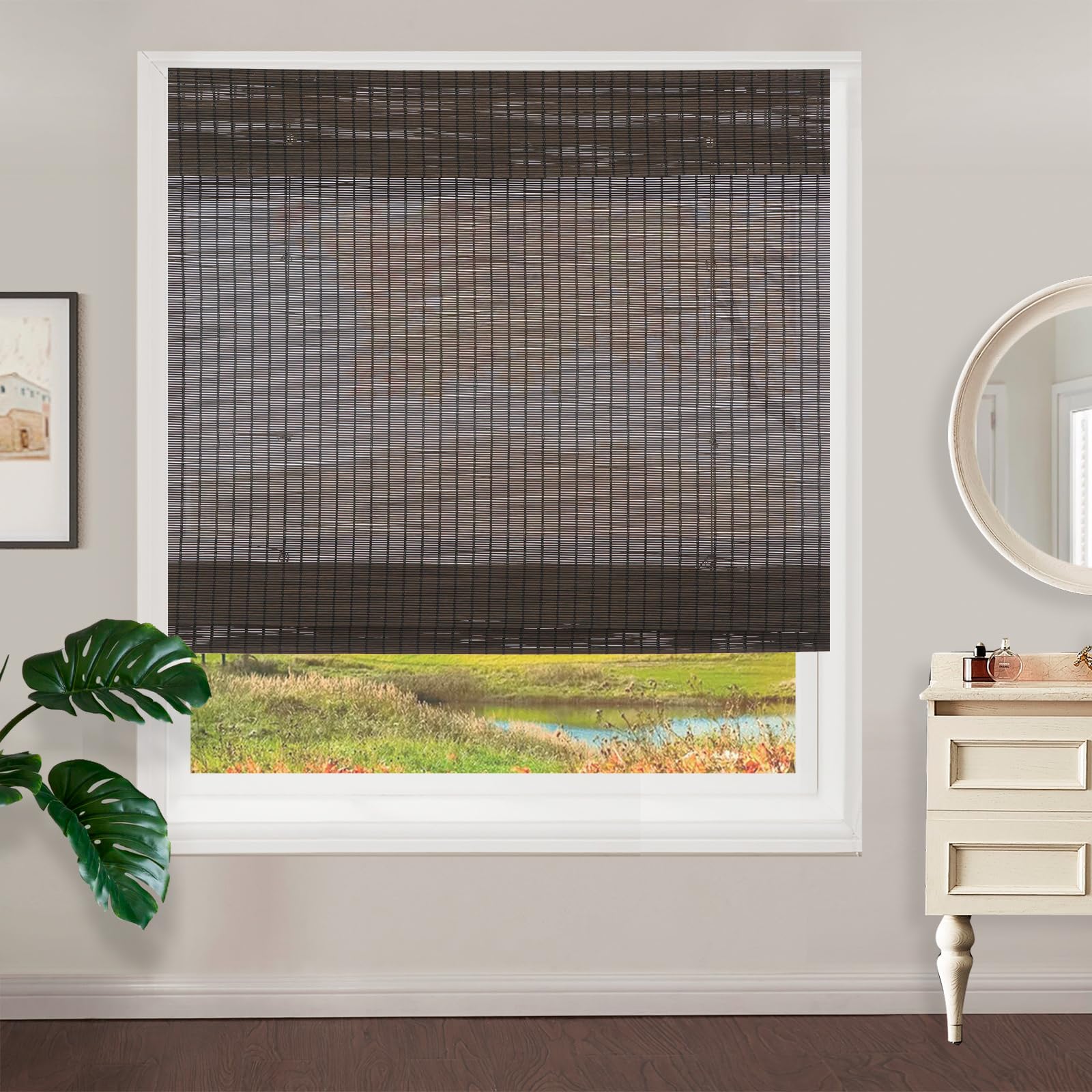 Cordless Bamboo Roman Shades for Windows - Light Filtering Roll Up Blinds with Valance | Natural Wood Tone Roller Shades for Kitchen, Living Room, Bedroom & Porch | Easy Installation & Privacy Protection