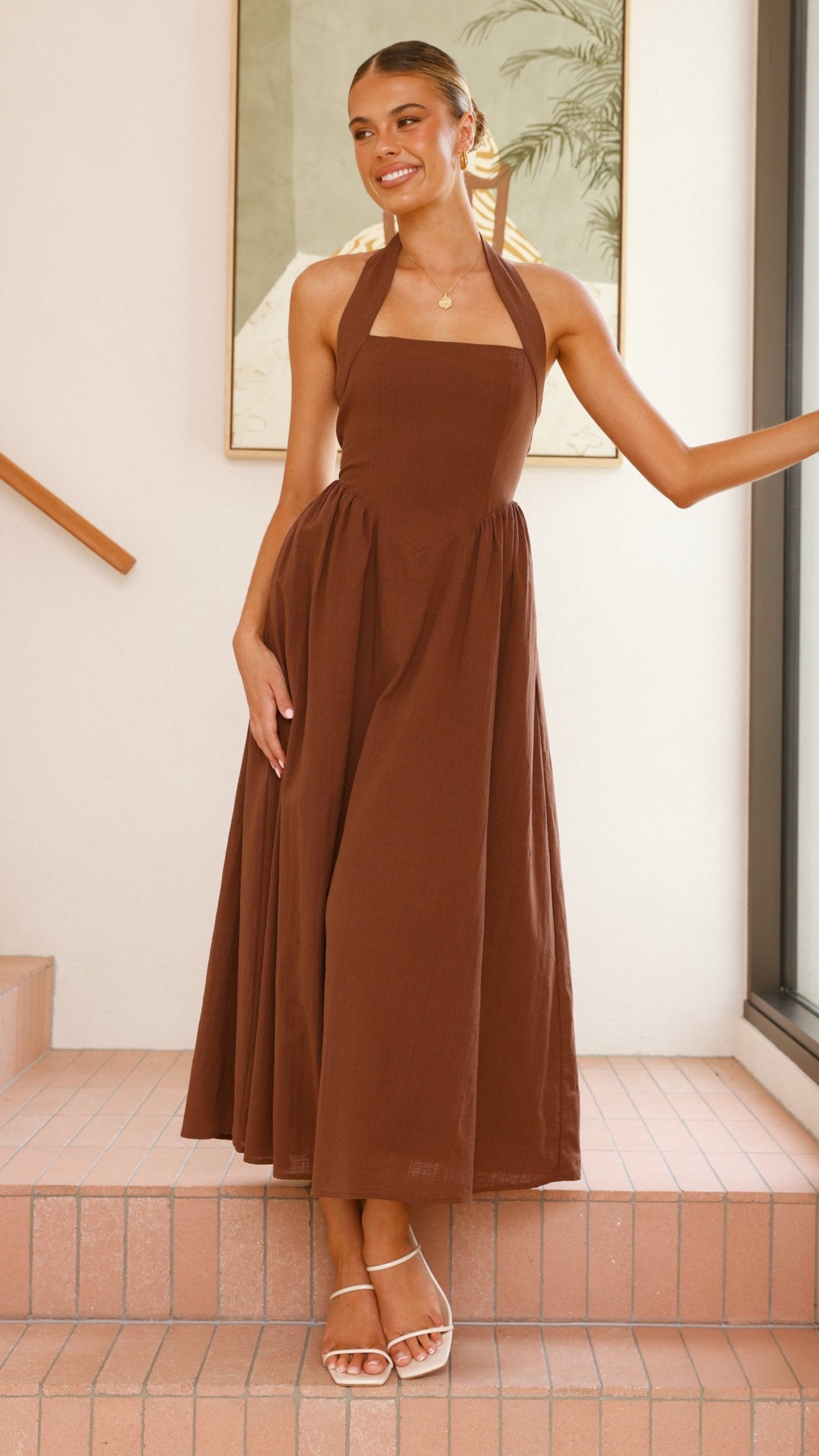 Caden Maxi Dress for Women - Elegant Chocolate Brown Long Flowy Dress for Summer, Beach, and Casual Outings