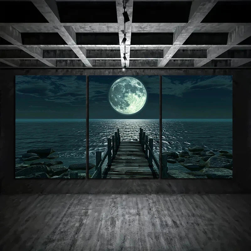 3-Piece Moonlit Night Scene Metal Wall Art - Ready to Hang Home Decor for Living Room, Bedroom & Office