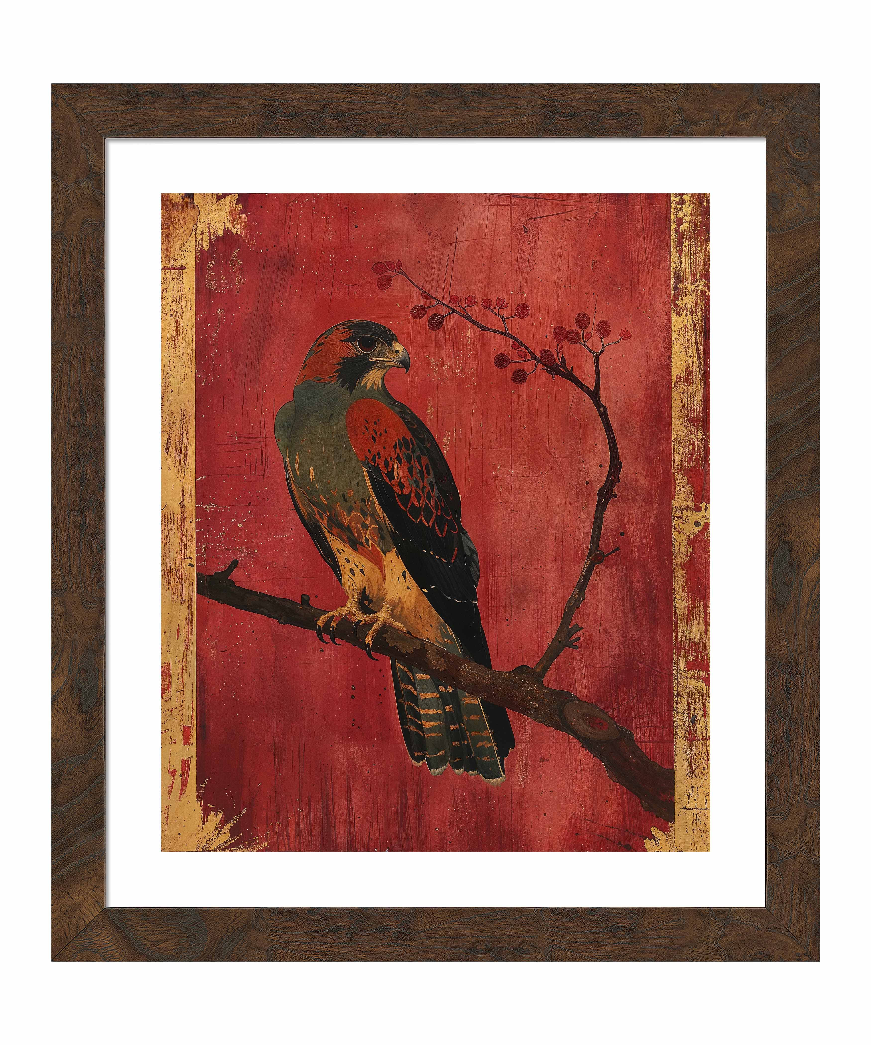 Crimson Majesty Falcon of the Silk Road Art Prints - Elegant Wall Decor for Living Room, Bedroom & Office | Historical Silk Road Inspired Artwork