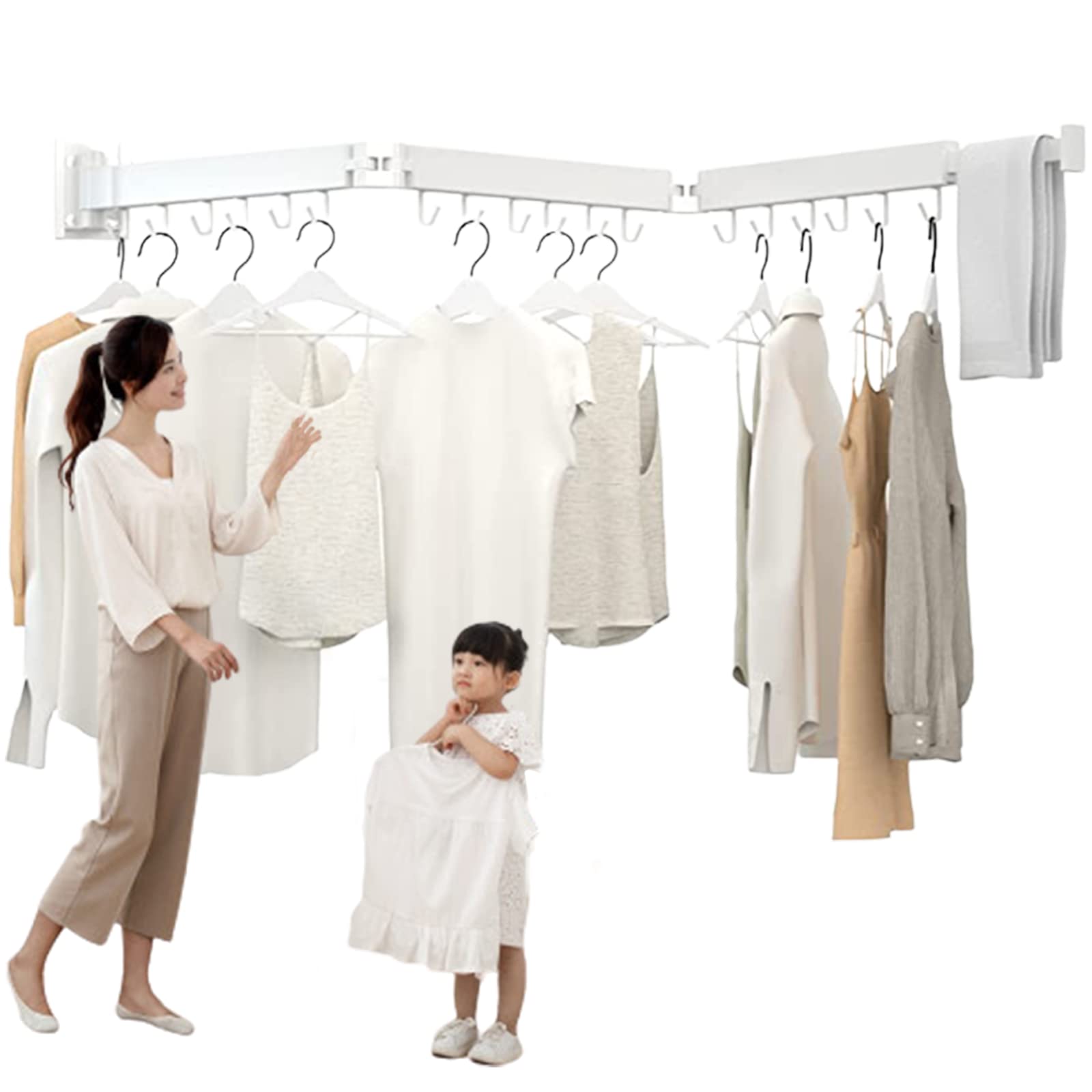 Rotatable Wall Mounted Clothes Drying Rack with Movable Hooks - Foldable & Retractable Garment Hanger, Space-Saving Design with Towel Bar (White, 3-Tier) - Perfect for Small Apartments, Laundry Rooms & Balcony Drying
