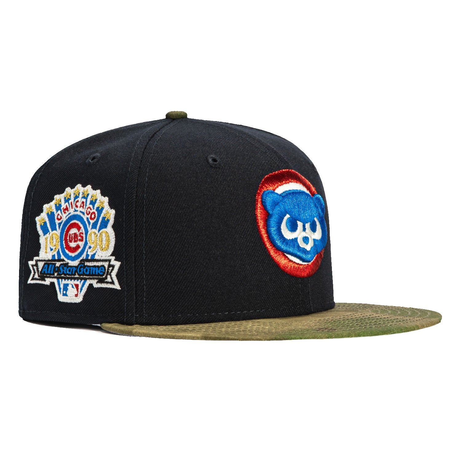 New Era 59Fifty Chicago Cubs 1990 All-Star Game Patch Hat - Navy & Camo Watercolor Design | Vintage Baseball Cap for Men, Sports Fans & Streetwear Fashion